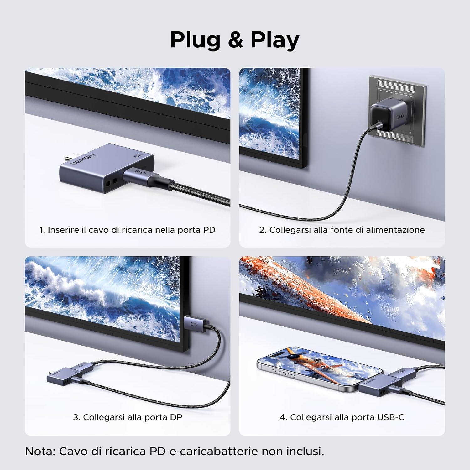 Detalle de UGREEN Cavo USB-C a DisplayPort 1.4 con ricarica PD 100W e fino a 8K 60Hz