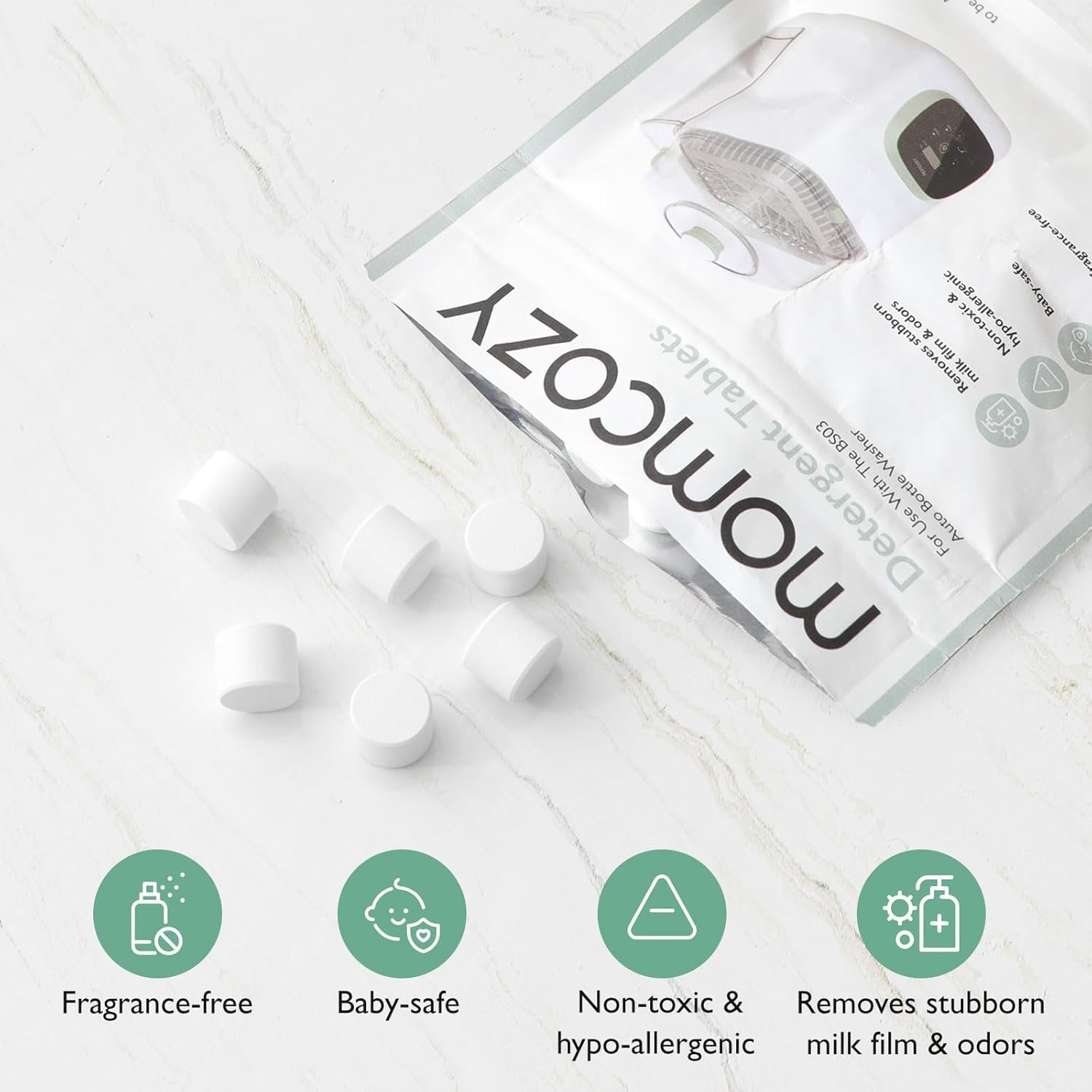 Detalle 2 de Momcozy Official Washing Block for KleanPal Pro Baby Bottle Washer – 120 Tablets