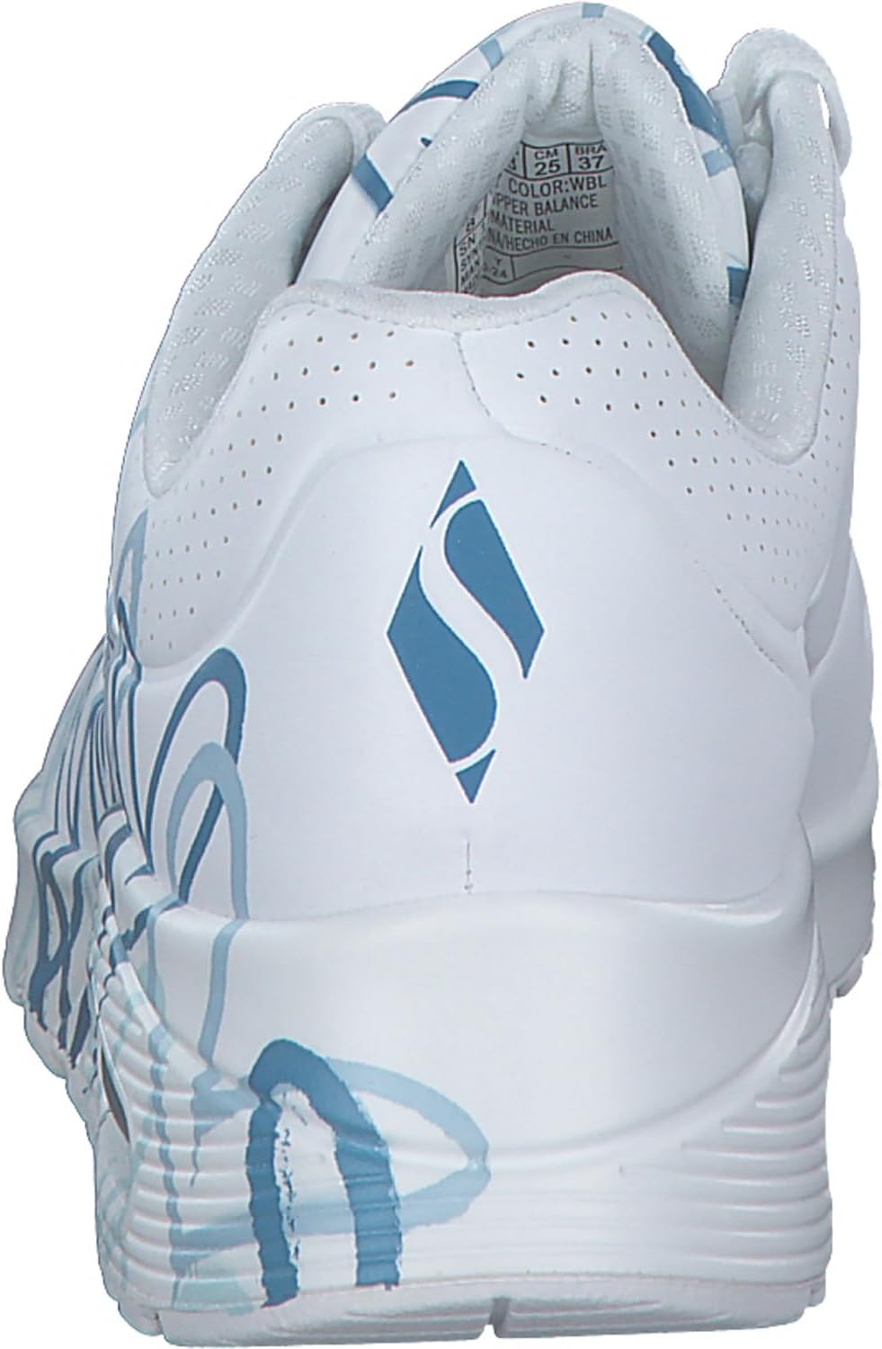Detalle de Skechers Damen UNO Spread the Love Trainer – White Duraleather, Blue Heart Print Trim, Größe 39 EU