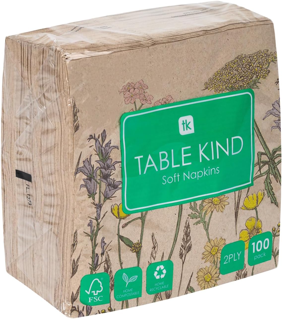 Detalle de Table Kind 100 x Soft Recycled Paper Napkins (2-ply, 33cm) – Spring Wildflower Floral Kraft, FSC & home compostable