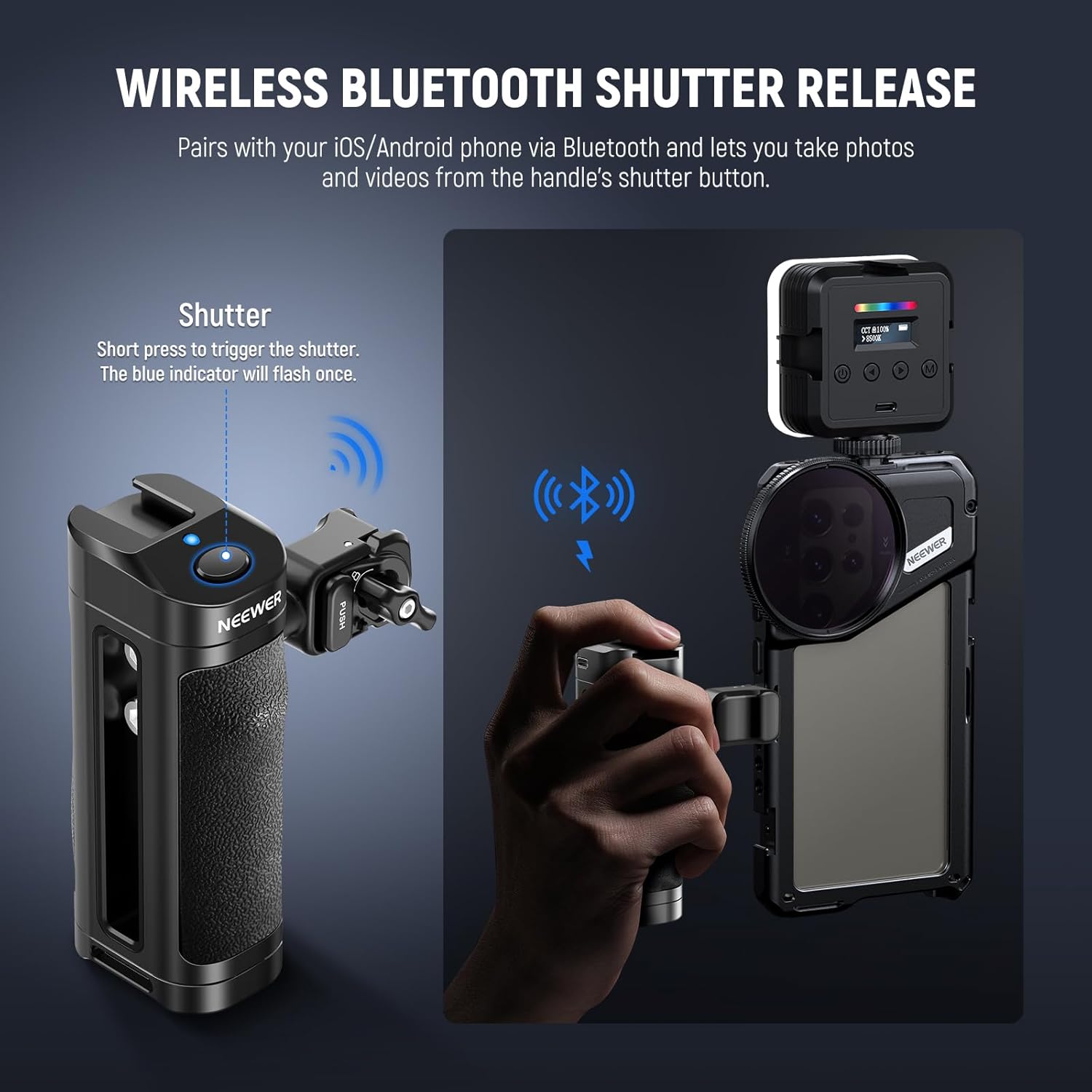 Thumbnail 2 de NEEWER Quick Release Side Handle with Bluetooth Remote Shutter – Contoured Grip for iPhone/Android Phone Cages (PA005E PRO)