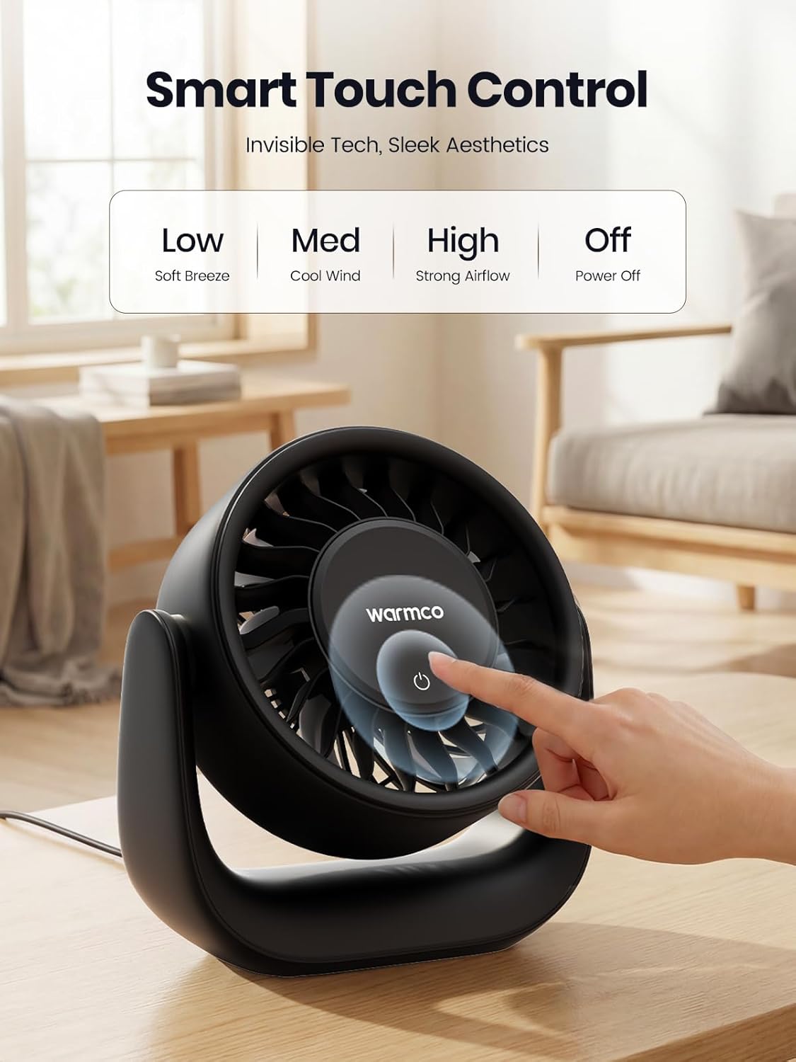 Detalle de Warmco DS1 USB Desk Fan: 6.4 Inch Plug-In, 3 Speeds, USB-C/USB-A Power