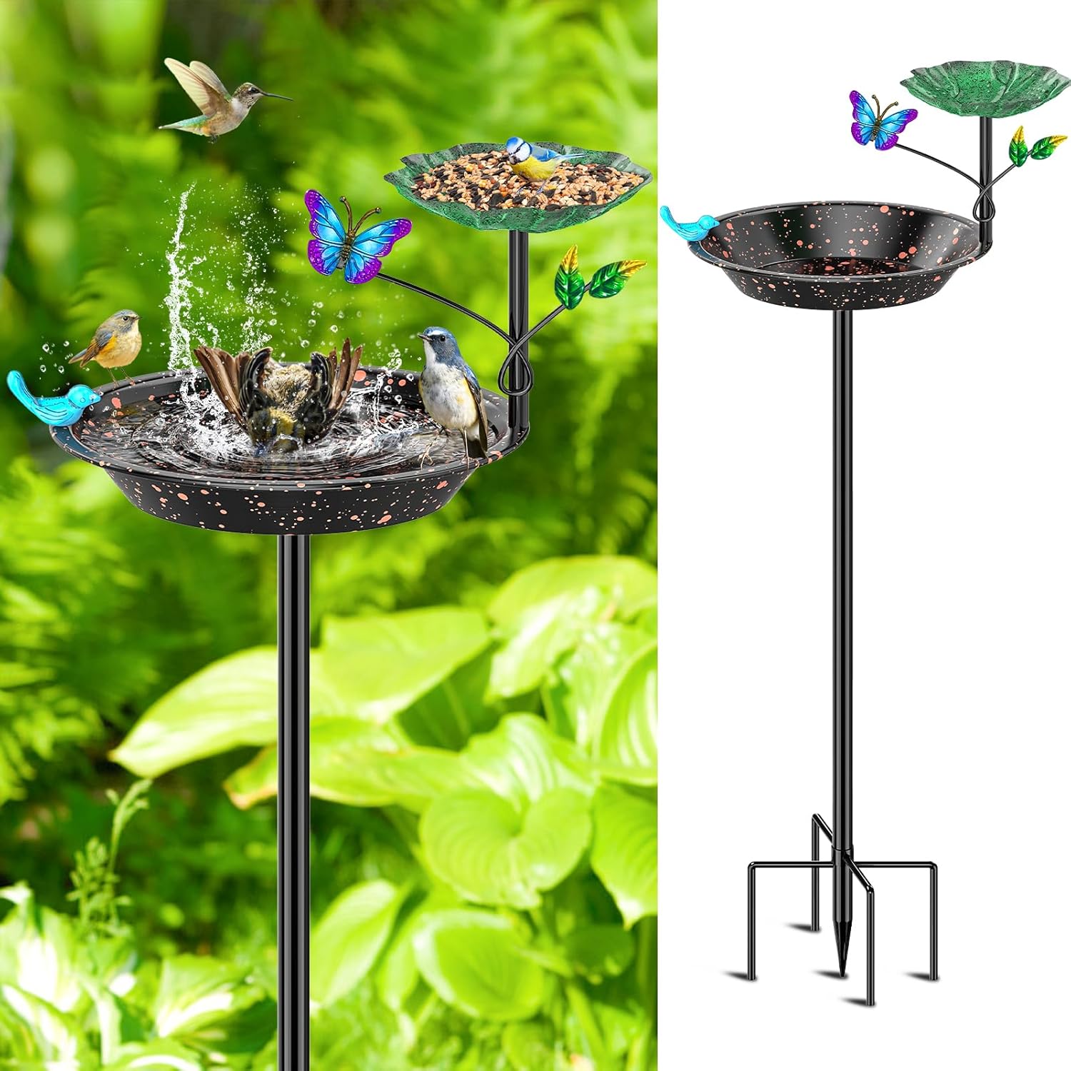 KHayRovies Vogeltränke & Futterstelle stehend für außen aus Metall mit 5-Zinken-Basis (schwarz)