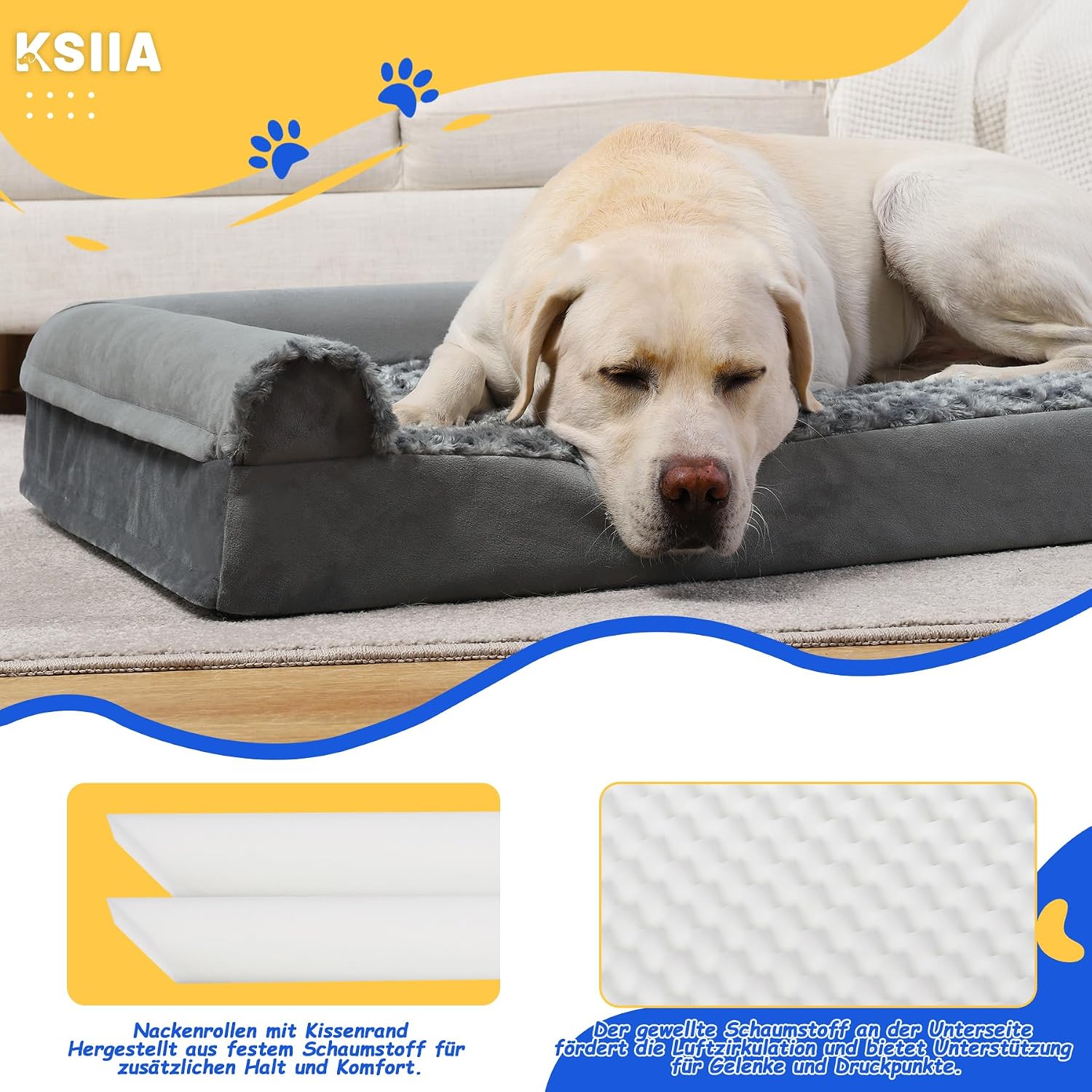 Thumbnail 2 de KSIIA Orthopädisches Hundebett Mittelgroße Hunde, 91x68x16 cm – Grau, mit drei erhöhten Rändern, abnehmbarer Bezug und rutschfeste Unterseite