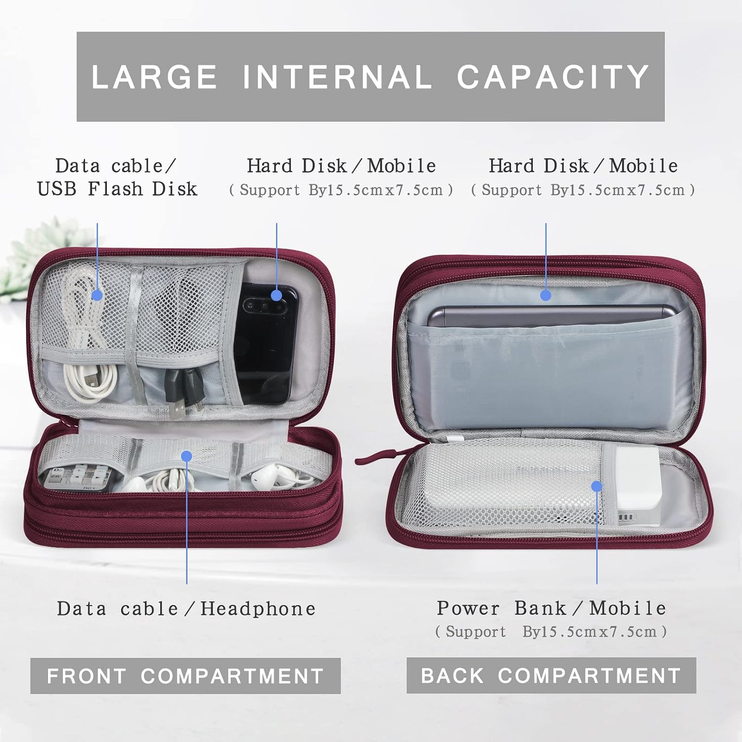 Detalle de Skycase Kabeltasche Doppel – Tragbare Organizer-Tasche für Elektronikzubehör, 2 Fächer, wasserdicht, kompakt