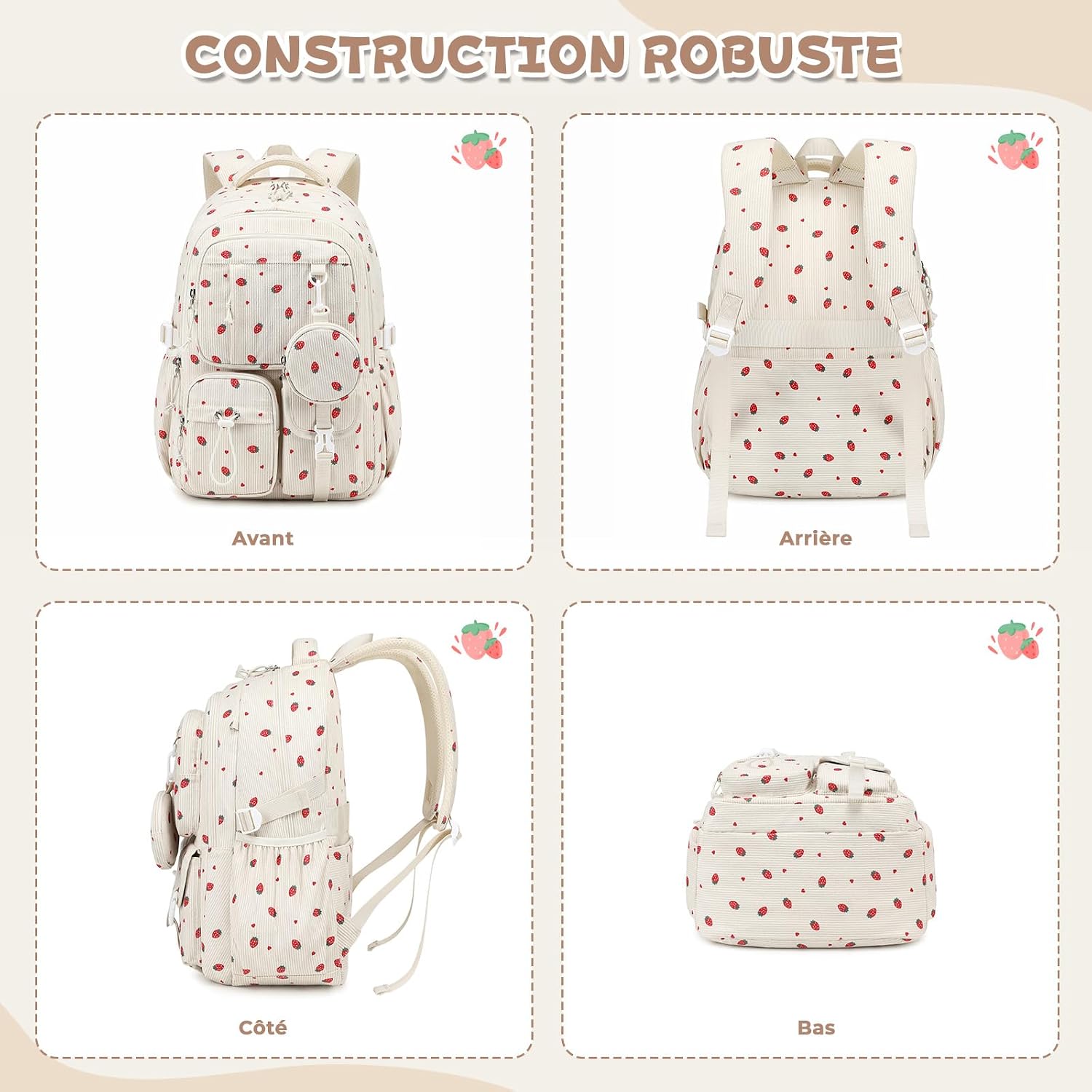 Thumbnail 6 de Sisipoet Sac à Dos Fille Velours Côtelé Fraise – Cartable Léger pour École et Voyage