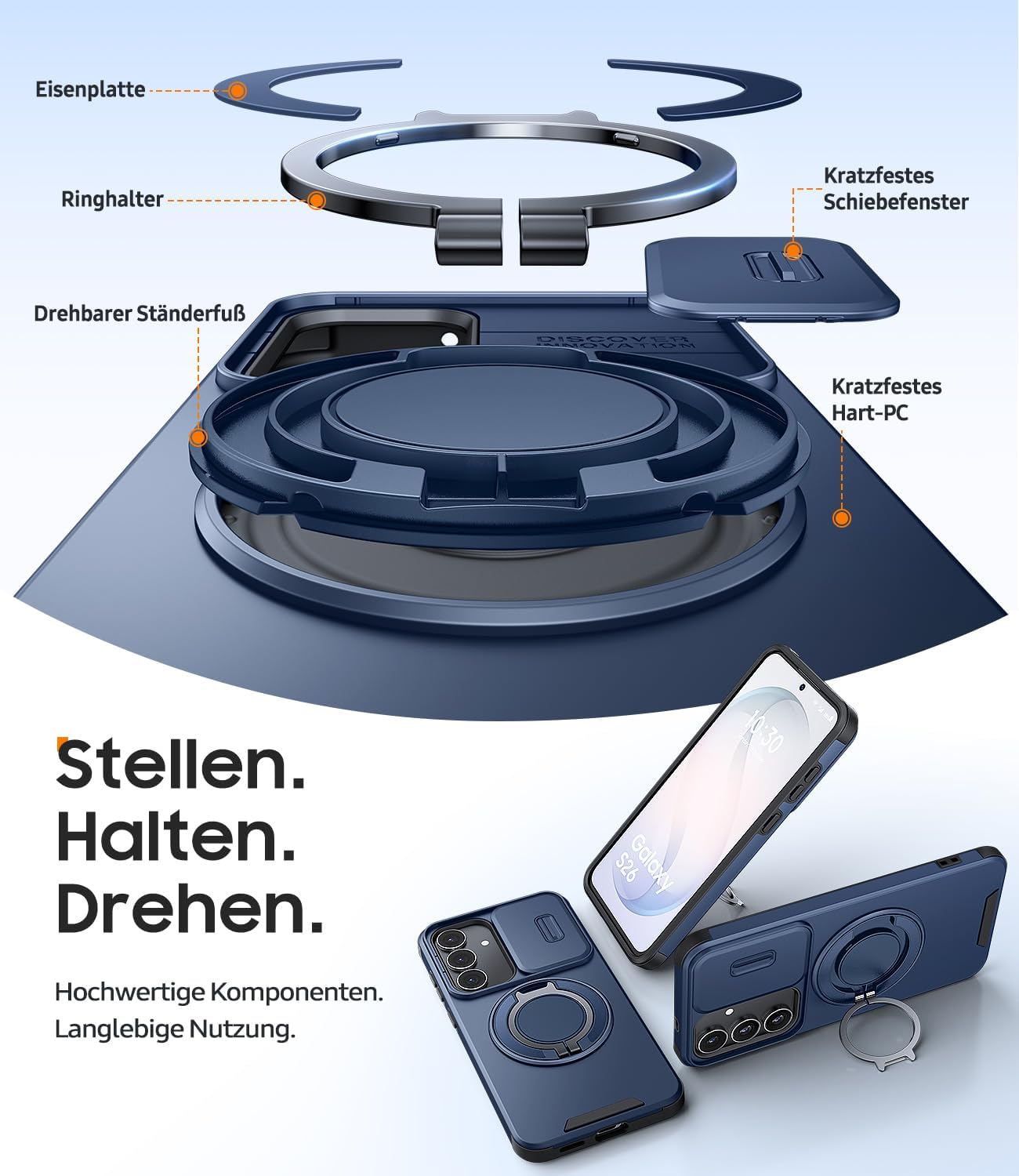 Detalle 2 de AOUIA Hülle für Samsung Galaxy S25 FE mit 2× Panzerglas, Kameraschutz & 360° Ring-Kickstand – stoßfest, blau