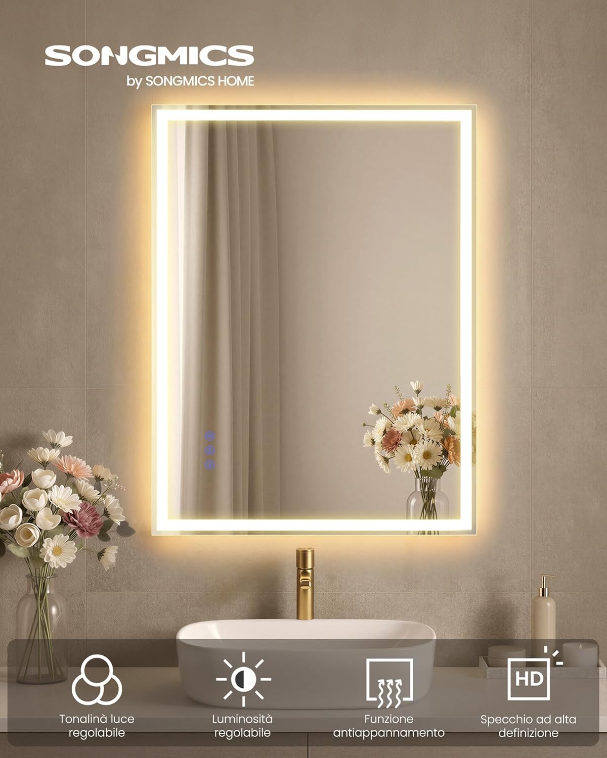 Detalle 2 de SONGMICS Specchio Bagno con Luce LWM210WC02: rettangolare, antiappannamento e luminosità regolabile