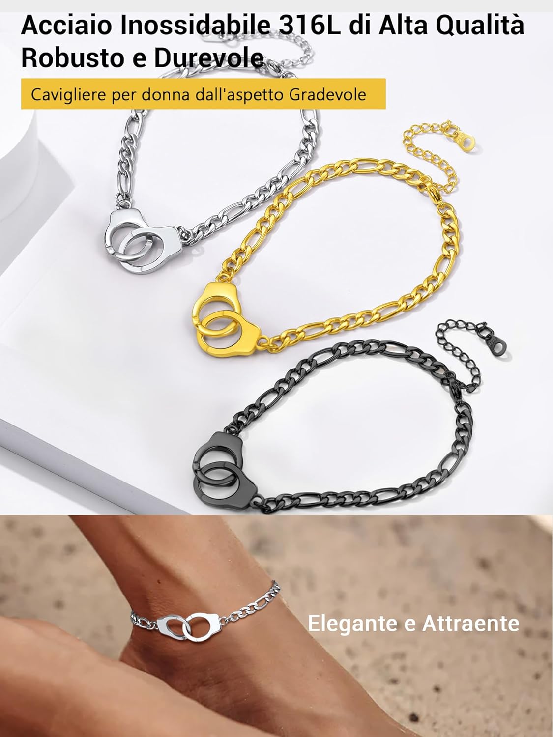 Thumbnail 4 de PROSTEEL Cavigliera a catena regolabile in acciaio, set impilabili, estetica tricolore minimal