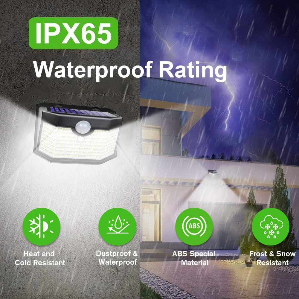 Detalle de HMCITY Solar Lights Outdoor 120 LED Wall Lights with Motion Sensor (3 Modes) – IP65 Waterproof, 4-Pack, Black Shell