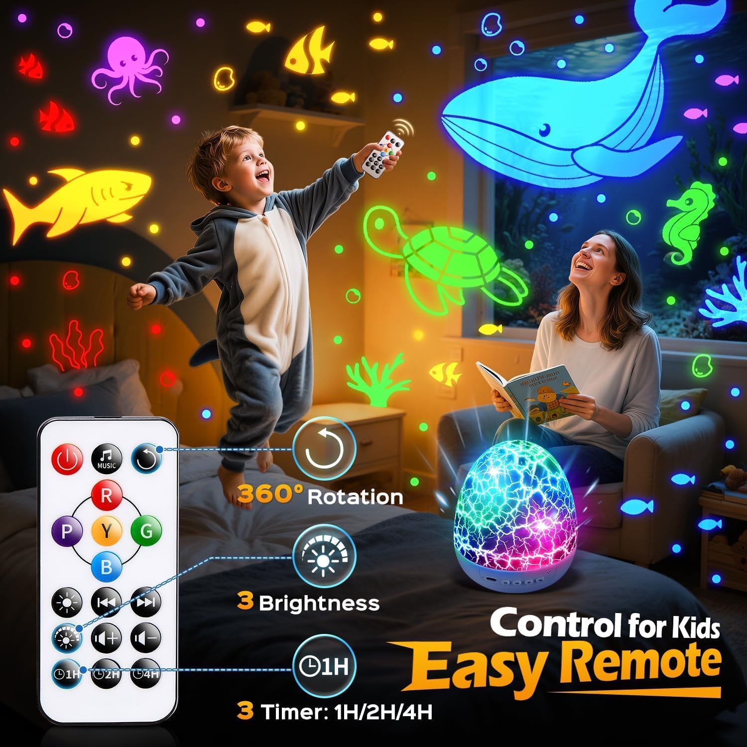 PIKOY Excavator Toys for Boys 3-5: Dino Egg Night Light Projector with 15 Sounds, 6 Films, and Remote