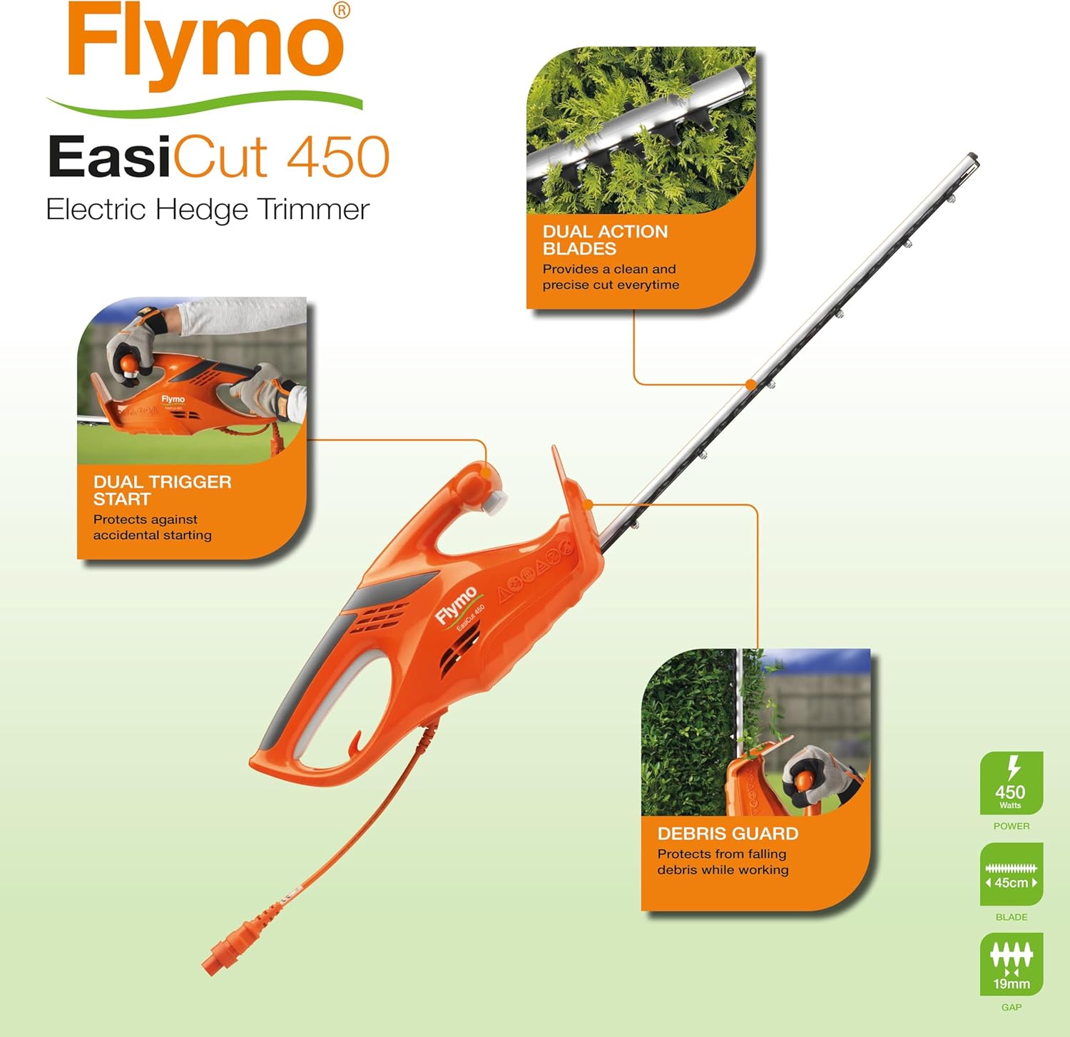 Detalle 2 de Flymo EasiCut 450 Electric Hedge Trimmer (45cm cutting length) – lightweight precision trimming