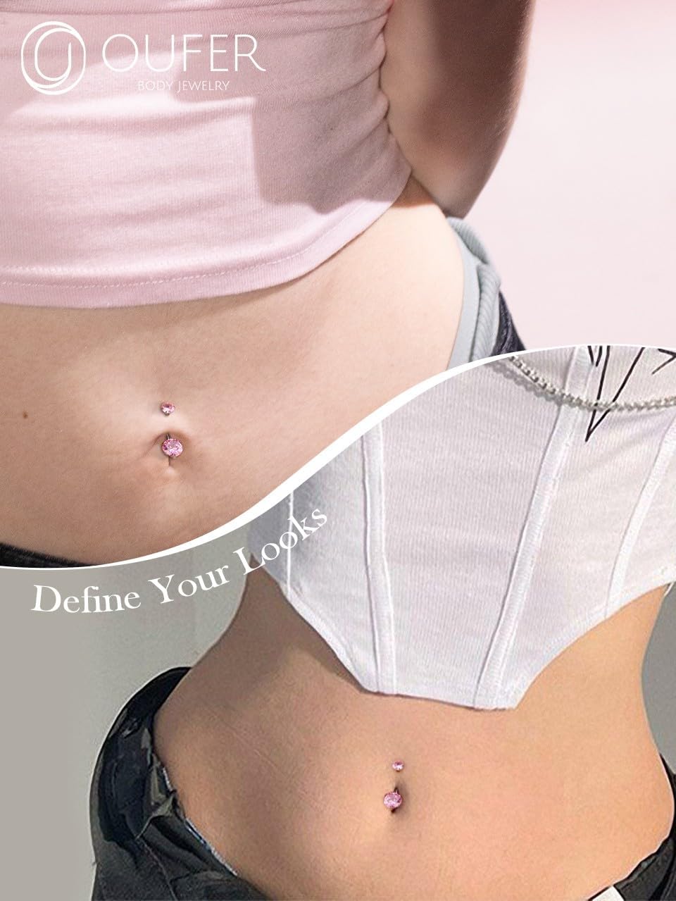 Detalle de OUFER Body Piercing en titane pour nombril : barre interne 14G extra longue avec double CZ (longueurs 10 à 16 mm)