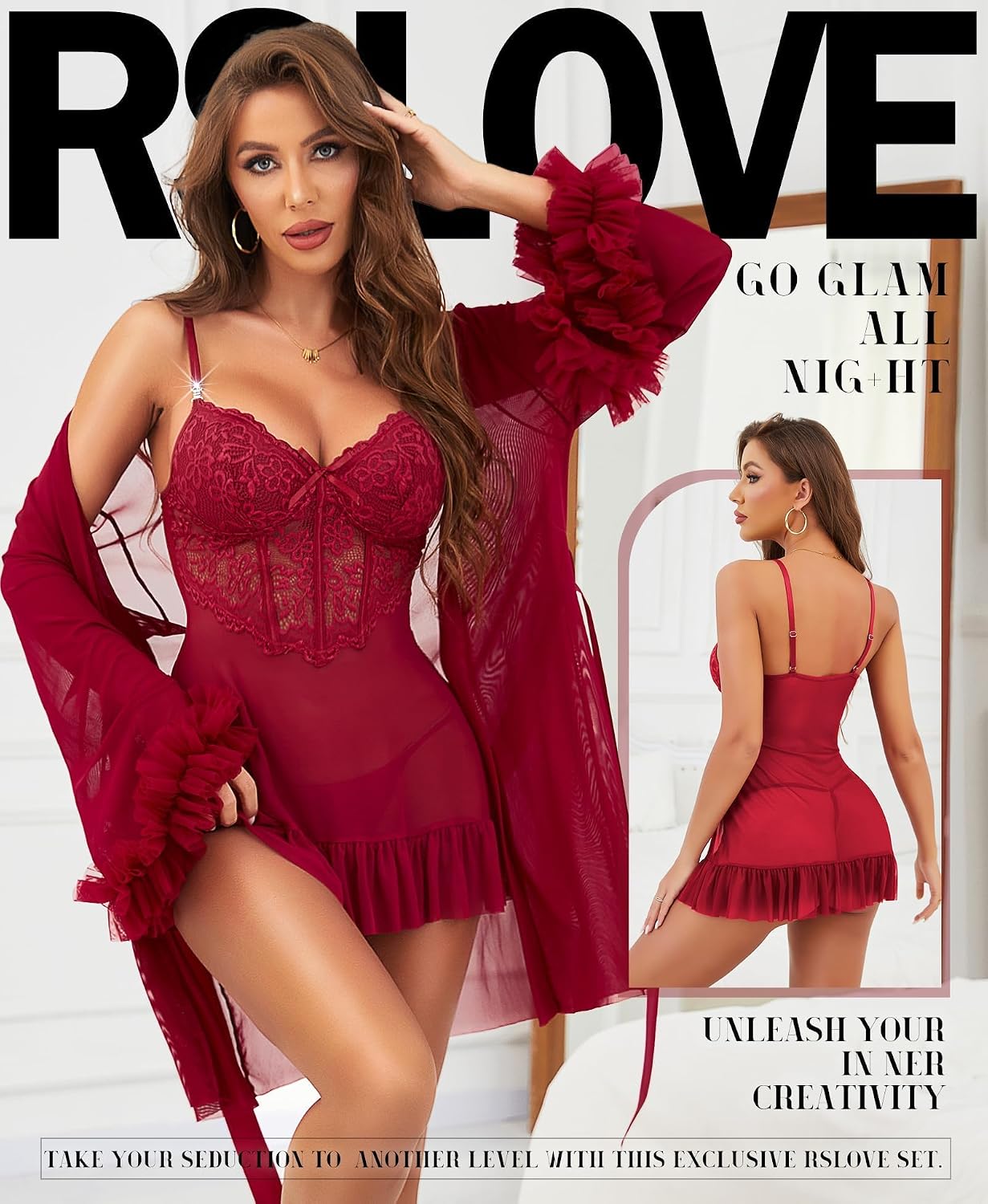 Detalle 2 de RSLOVE 2-delige kanten lingerieset met babydoll en badjas