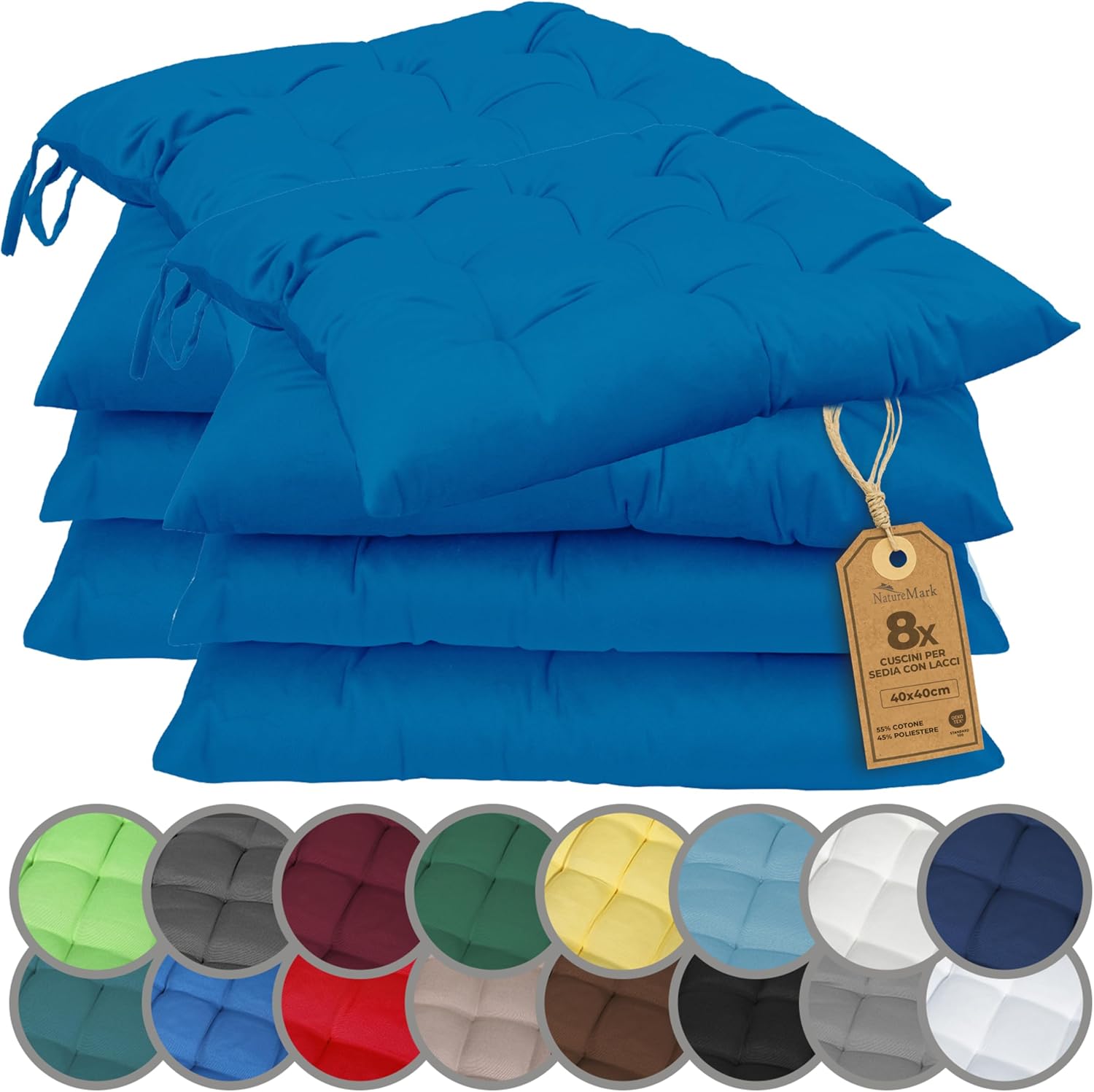 Detalle de NatureMark Set 8 Cuscini per Sedie 40x40 cm – Blu Reale