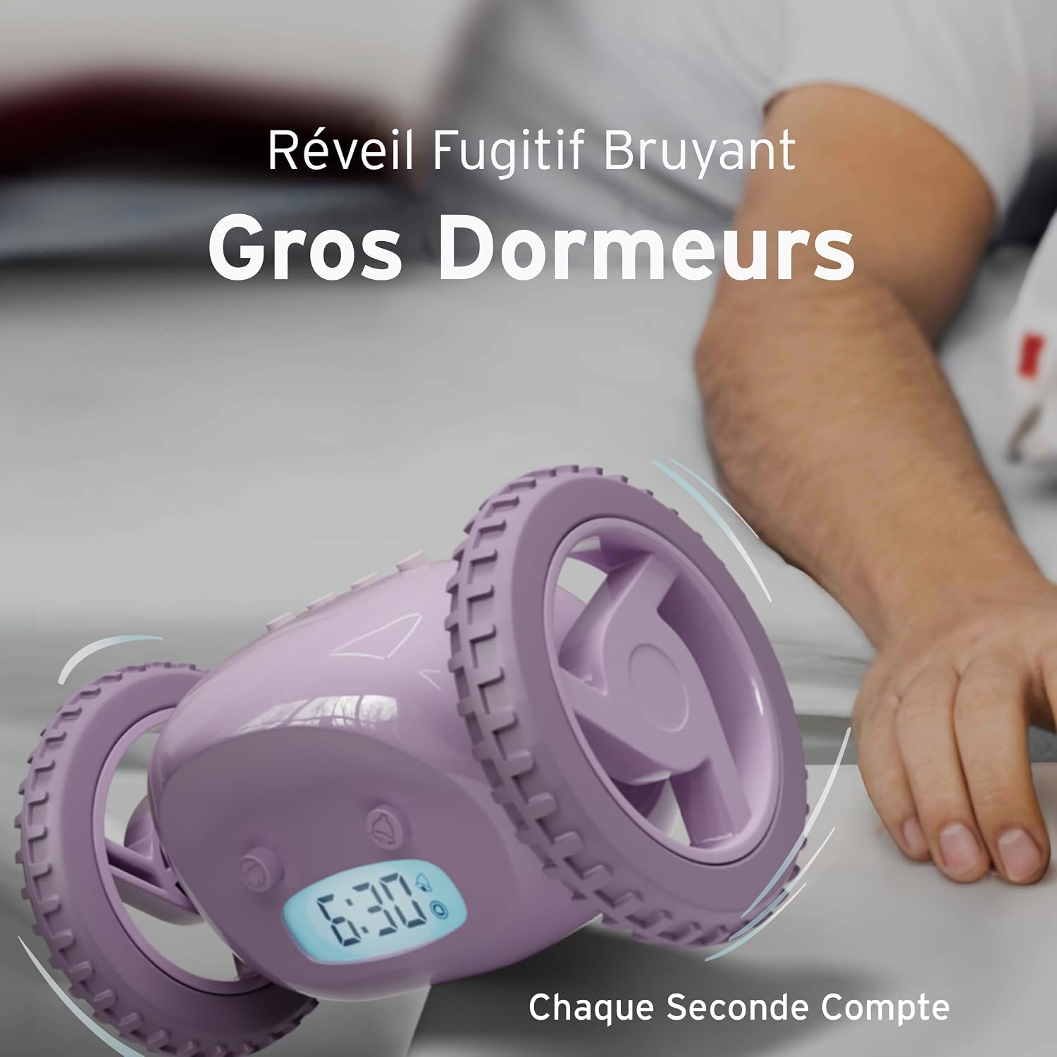 Detalle de Clocky Réveil matin à roulettes “Roulant Forte Sonnerie” (lavande) — réveil puissant pour gros dormeurs