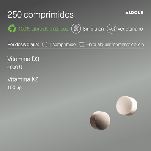 Detalle de Vitamina D3 K2 4000 UI de Aldous Bio, 250 comprimidos – Dosis alta para huesos, músculos e inmunidad