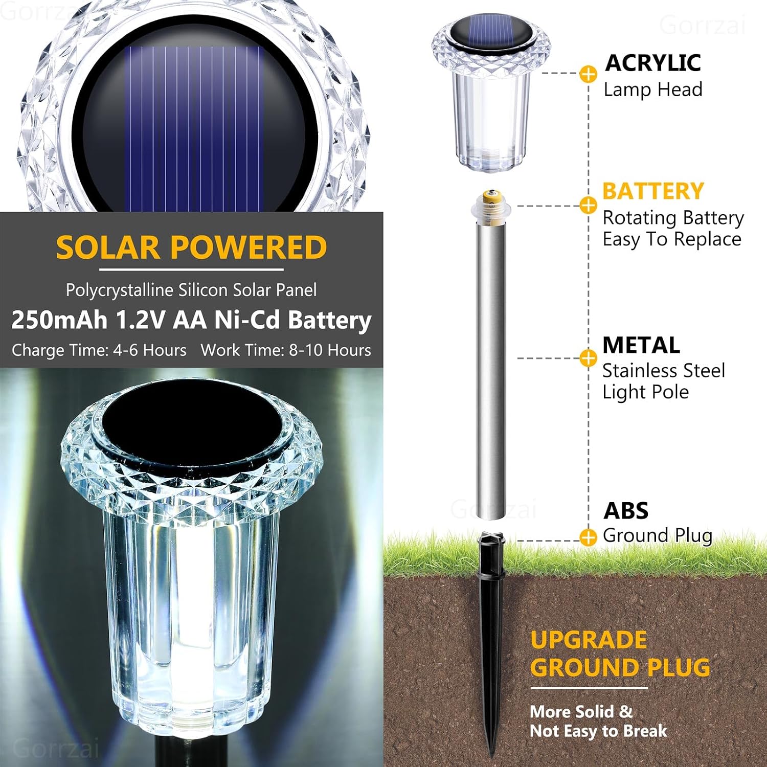 Detalle 2 de Gorrzai Solar Pathway Lights 10-Pack, 6000K Cool White, IP65