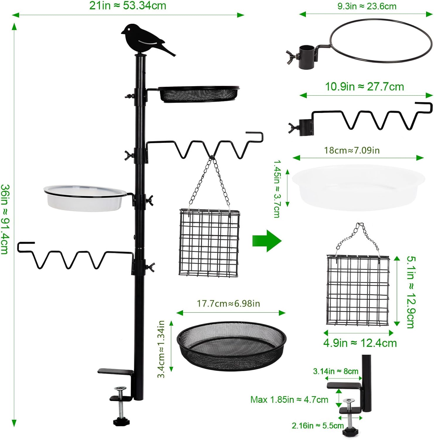 Detalle 2 de HRAYLTOP Deck Bird Feeder Station Kit with Steel Hooks, Tray & Water Bowl (Black) – Balcony & Porch Railing Hanging Set