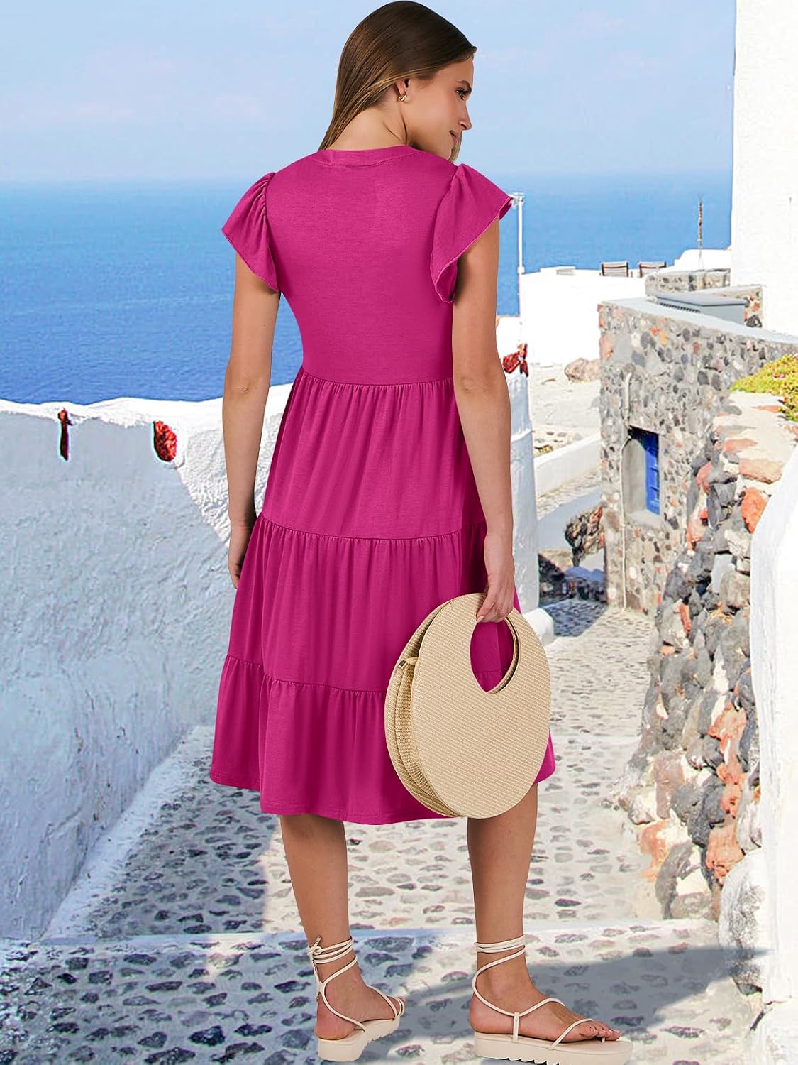 Detalle 2 de ANRABESS Women's Summer Dress with Ruffle Sleeves – V-Neck Midi Boho Floral/Solid