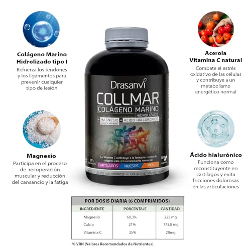 Detalle de Drasanvi COLLMAR Colágeno Marino Hidrolizado con Ácido Hialurónico, Magnesio y Vitamina C Natural – 180 comprimidos