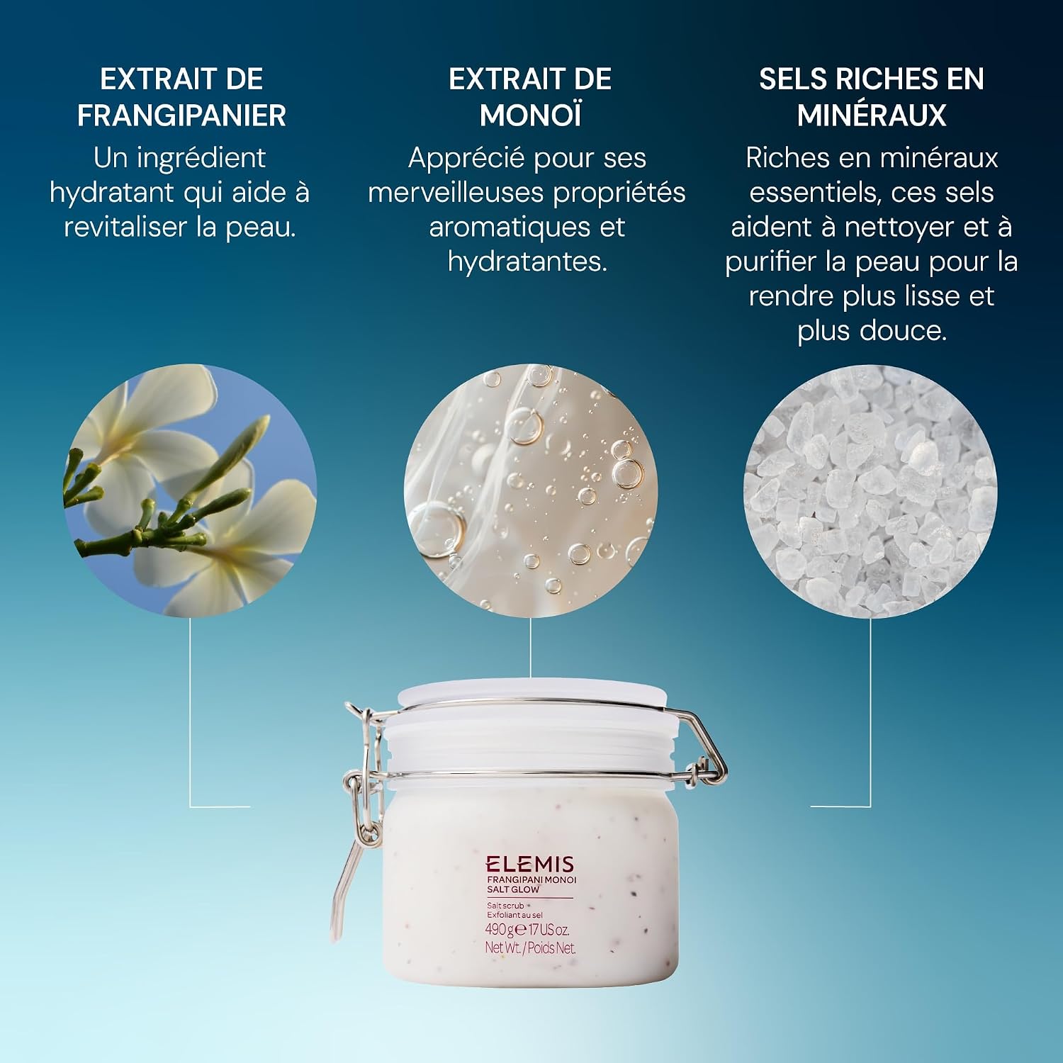 Detalle 2 de Elemis Gommage au sel Monoi Frangipanier — exfoliant parfumé pour nettoyer, lisser et adoucir la peau