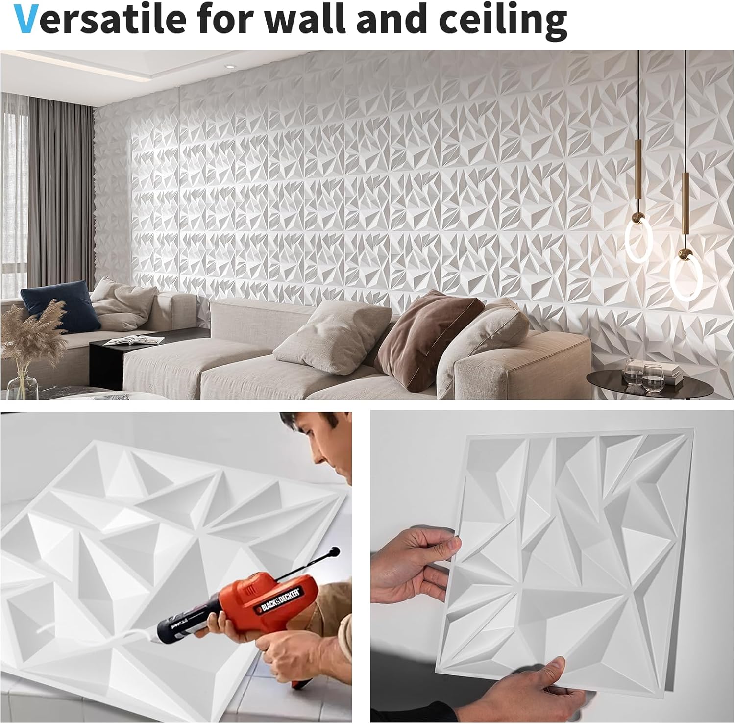 Detalle de Art3d 33 Stück 3D-Wandpaneele – Diamantstruktur, 30,5 x 30,5 cm, Weiß