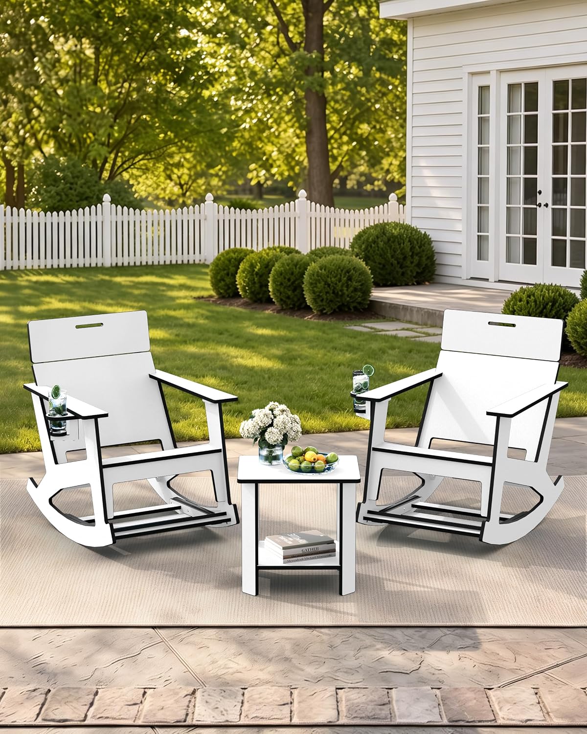 Detalle de Ciokea bistro set White HDPE Patio Set with 2 Tables and 4 Rocking Chairs