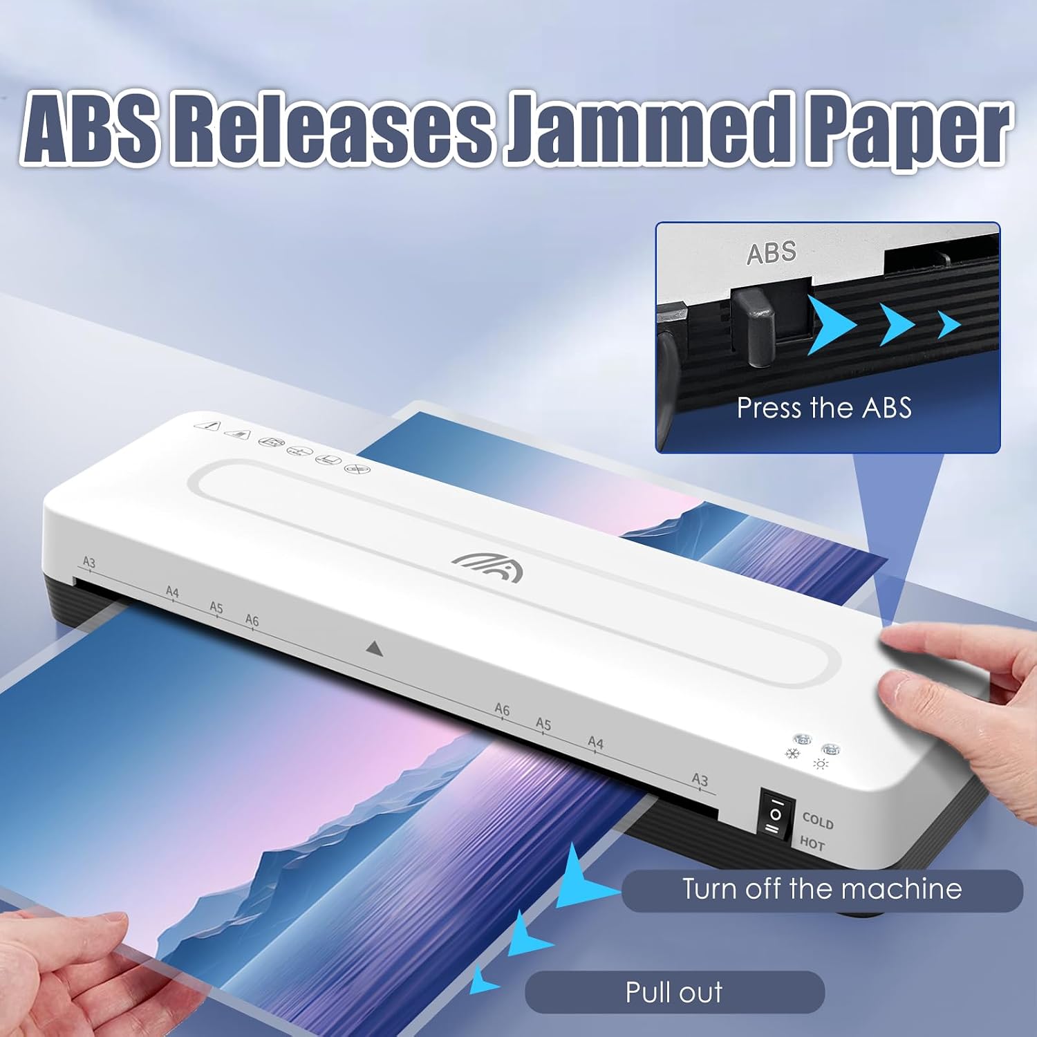 Detalle de A3 Laminator: 5-in-1 Laminating Machine with Cold & Thermal Modes for A3–A6, Built-in Cutter & Corner Rounder