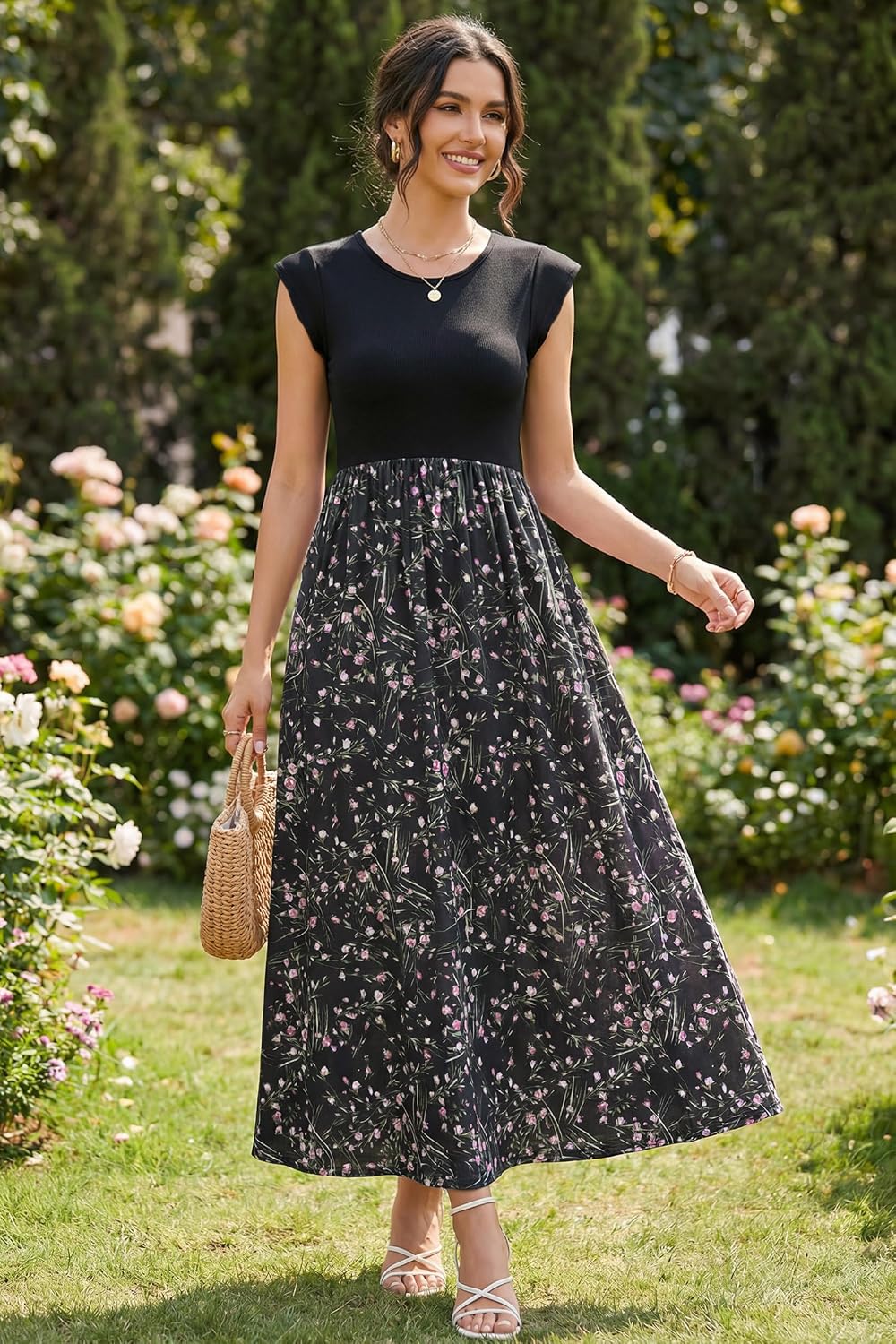 Detalle de OUGES Sommerkleid Damen Lang Rüschen Maxikleid – Elegantes Sommerkleid mit Taschen