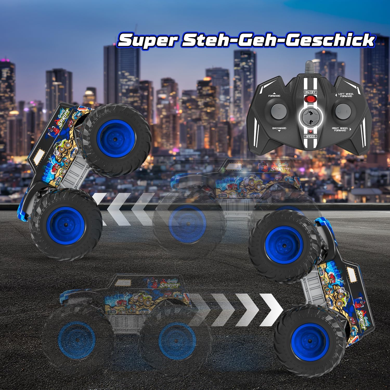 Detalle de Monstertruck 1:16 ferngesteuert mit Licht, 360°-Drehung & Amphibien-Funktion (2,4 GHz, ab 6–8 Jahre)