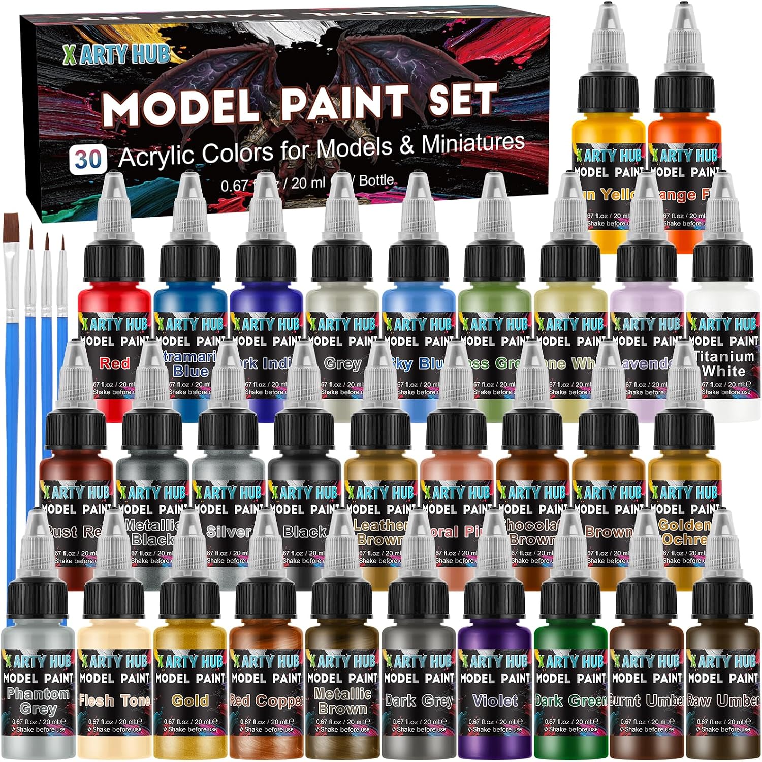Detalle de X ARTY HUB modelverfset met 30 acrylkleuren, 4 penselen en airbrushverf