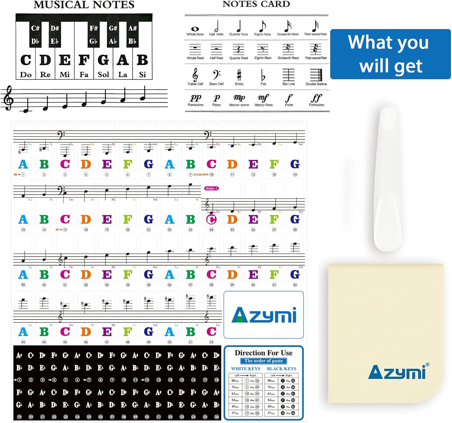 Thumbnail 5 de Azymi Piano Stickers full set for 88/76/61/54/49/37 keys (white & black key notes) – removable transparent film