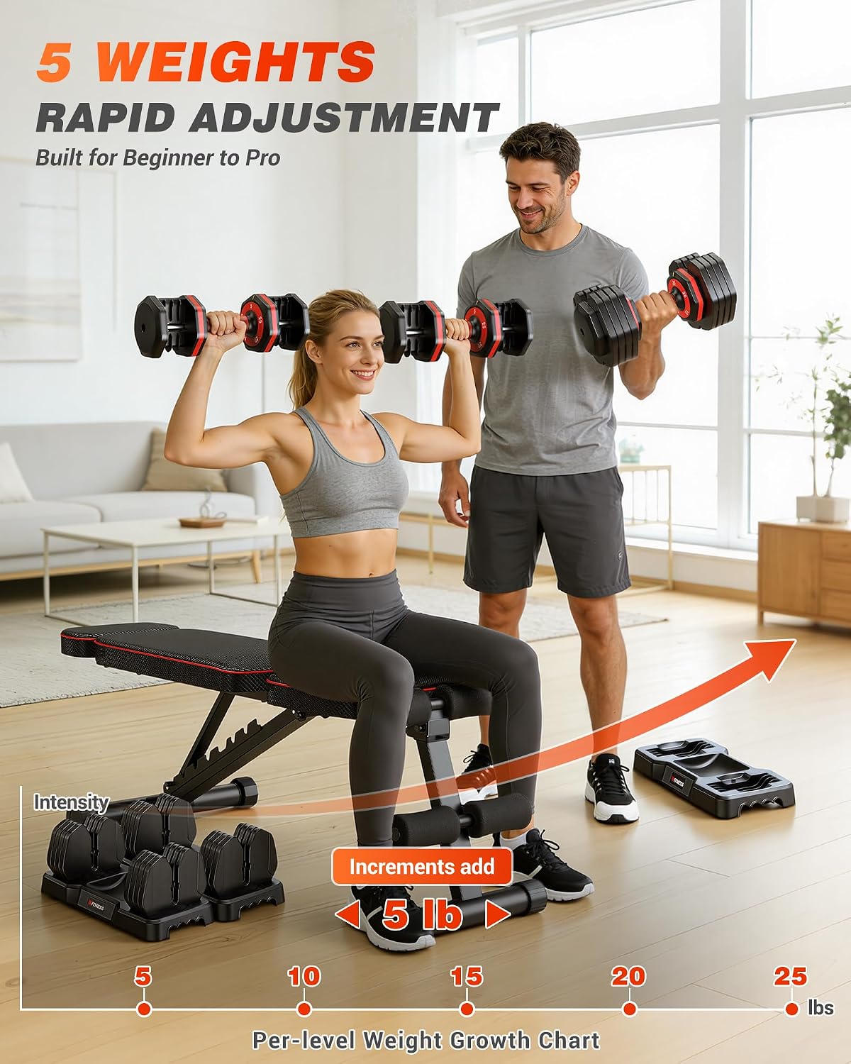 Detalle de Rendpas SP0355 Adjustable Dumbbell Set, 5–25 lb, Quick-Adjust Dial