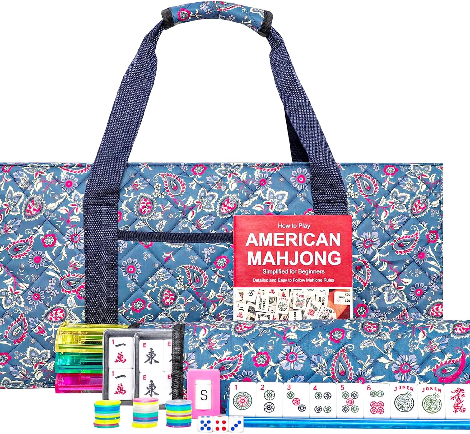Jongyance American Mahjong Set (166 Tiles) with Blue/Red Carry Bag and All-in-One Racks