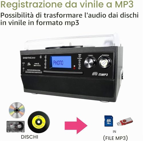 Detalle 1 de DIGITNOW Giradischi Bluetooth con CD, cassette, radio AM/FM e codifica USB/SD