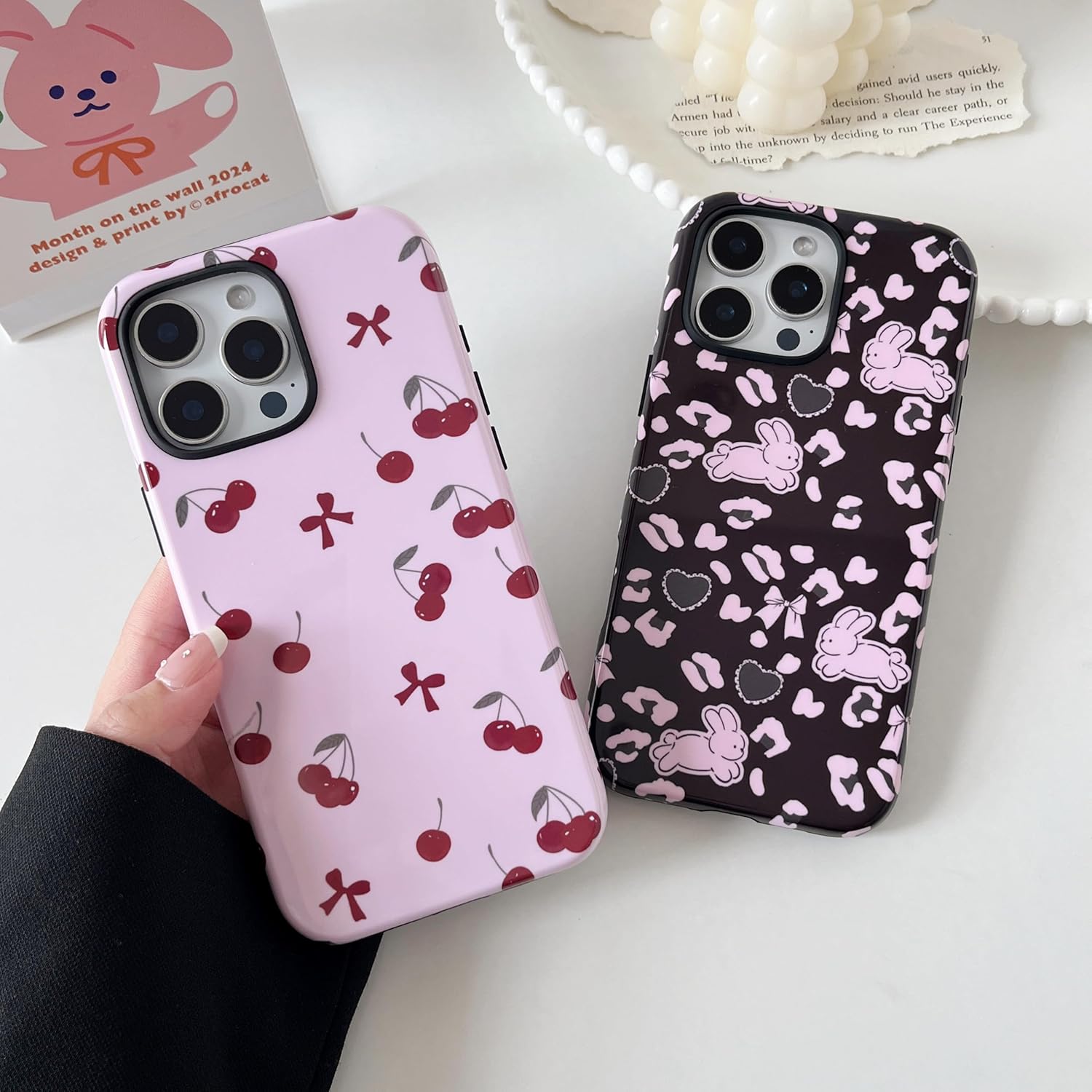 Thumbnail 4 de DEFBSC Hülle für iPhone 16 Pro – Süßes Rosa Schleife Kirsch Muster, Hybrid-Hartschale, Stoßfest, Schlankes Design (6,3 Zoll)