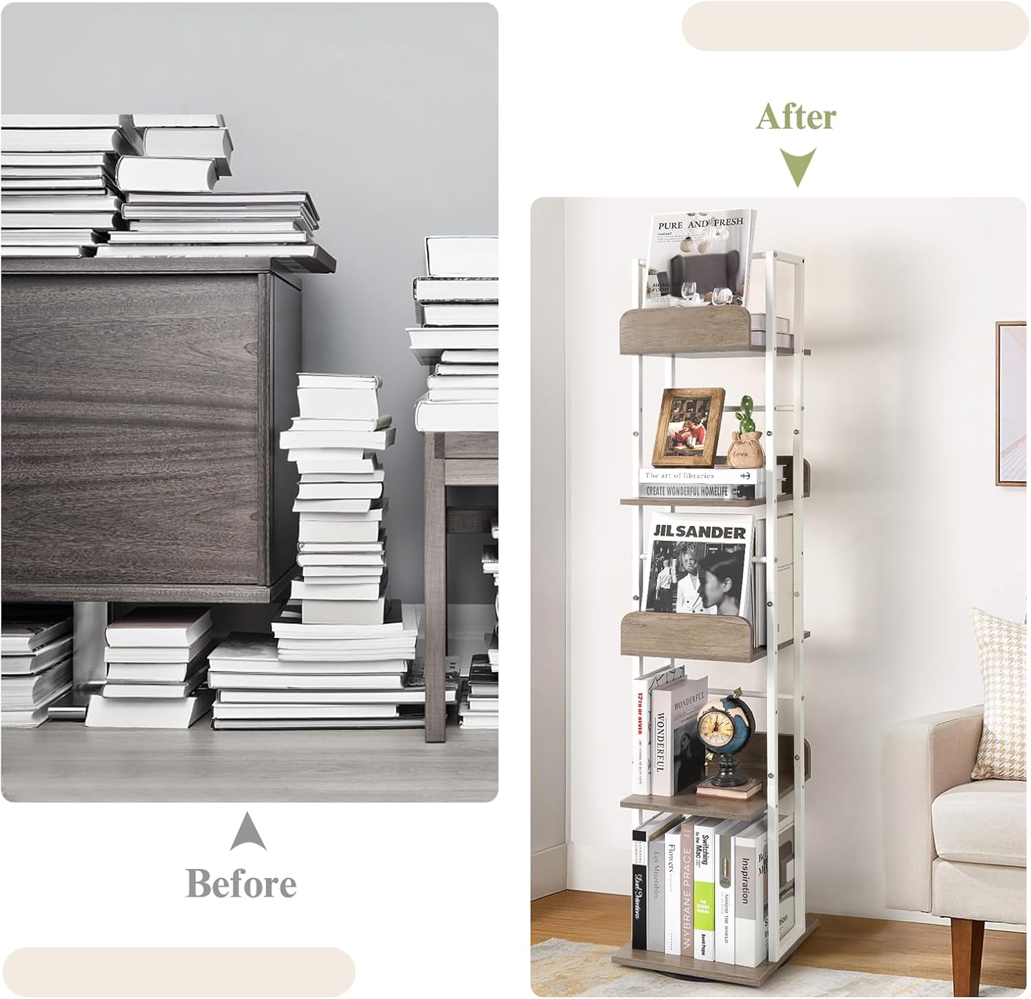Thumbnail 4 de Bikoney 5-Tier Rotating Corner Bookshelf (White & Grey) – Industrial, Narrow, Tall Design