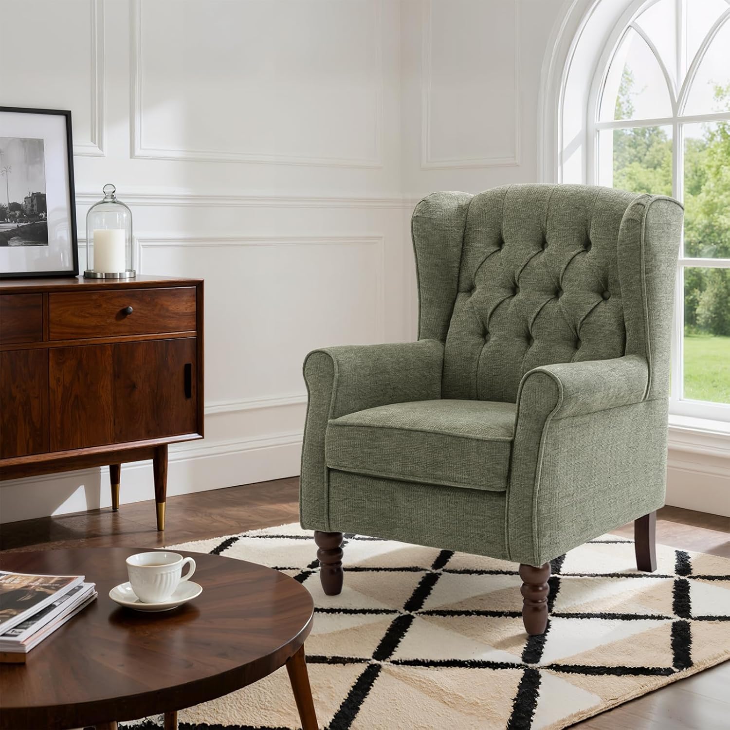 Thumbnail 6 de COLAMY Mid-Century Modern Living Room Accent Chair – Green Button-Tufted Wingback with Solid Wood Legs