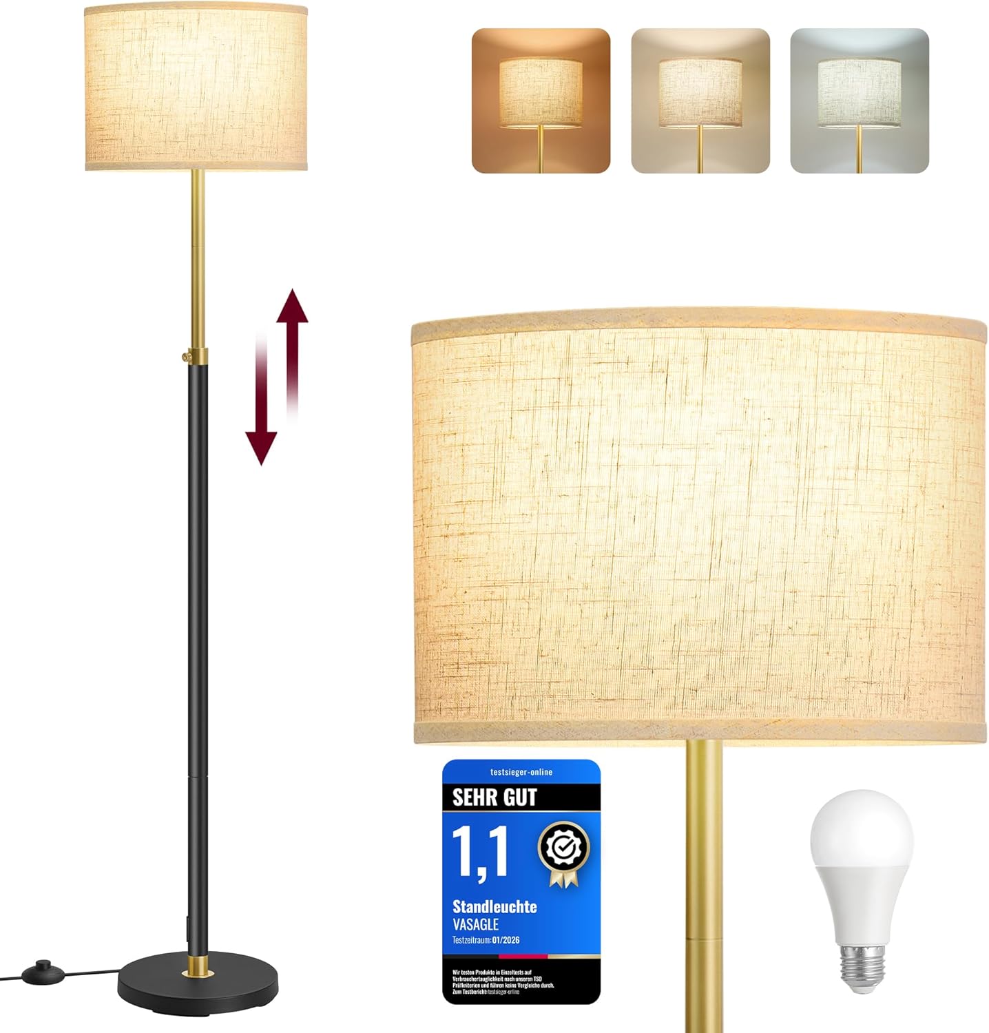 Thumbnail 6 de VASAGLE Lampadaire LFL002B02 – Lampe sur pied ajustable 140–170 cm, doré et noir