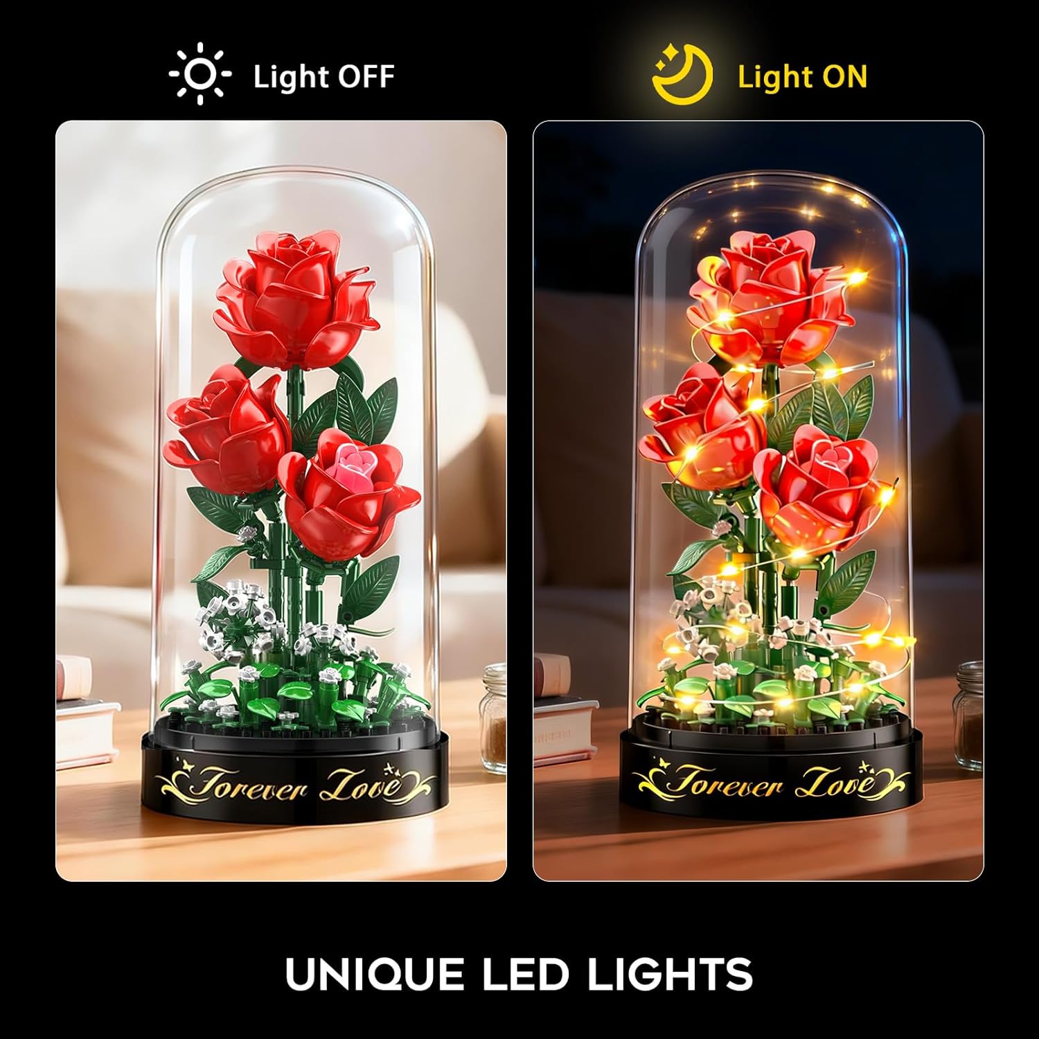Detalle de HiWEEGO Flower Bouquet Building Set with LED Light – 3.6mm Red Rose Mini Build (219pcs) with Dust Cover