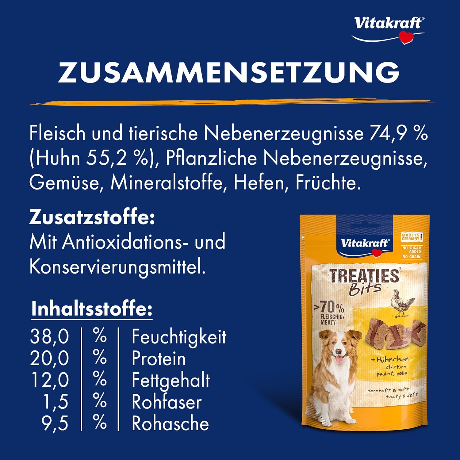 Detalle 2 de Vitakraft Treaties Bits – Weiche Hundeleckerlis mit Hühnchen, getreidefrei & zuckerfrei (6x120 g)