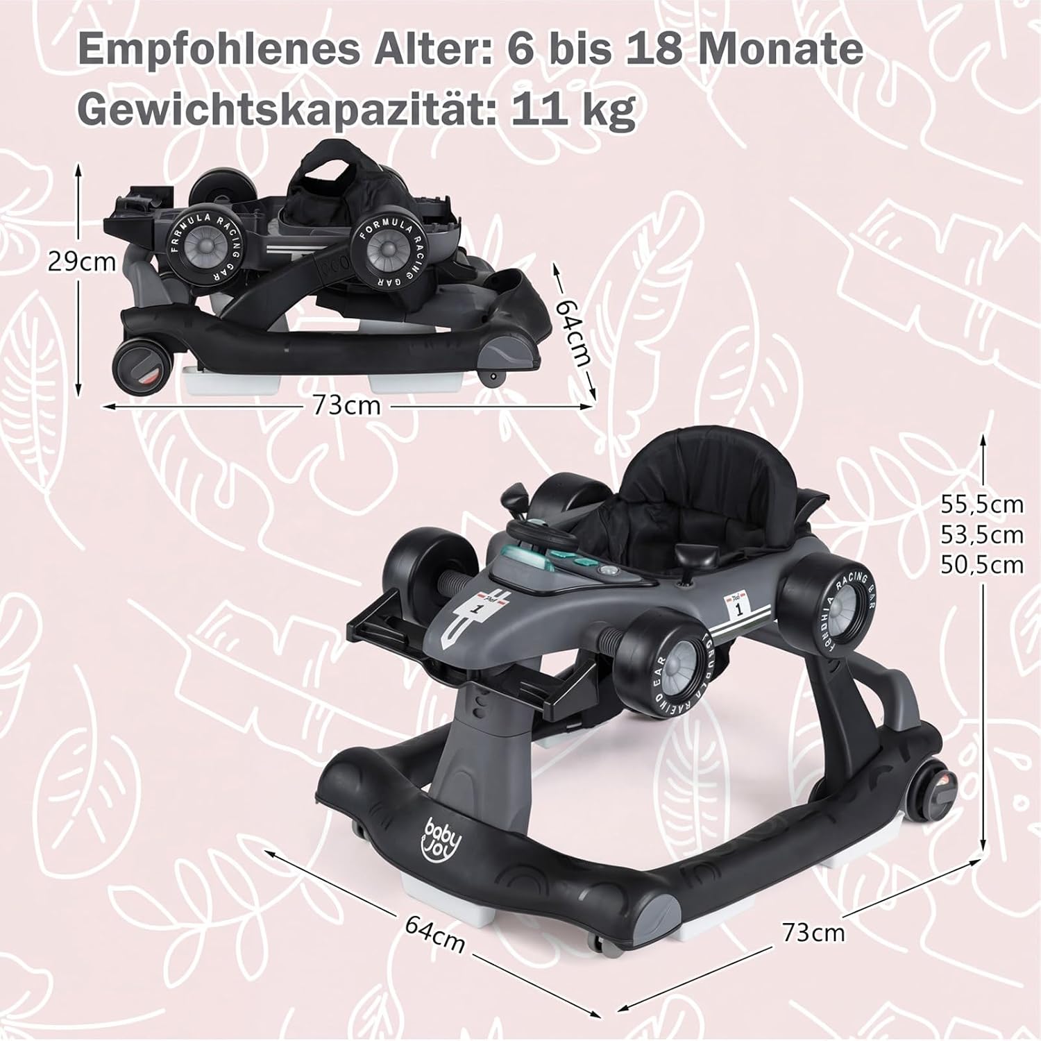 Detalle de COSTWAY 4-in-1 Lauflernhilfe (dunkelgrau) mit klappbarem Lauflernwagen, Musikbox, Licht & Rädern – für ca. ab 6 Monaten, bis 12 kg