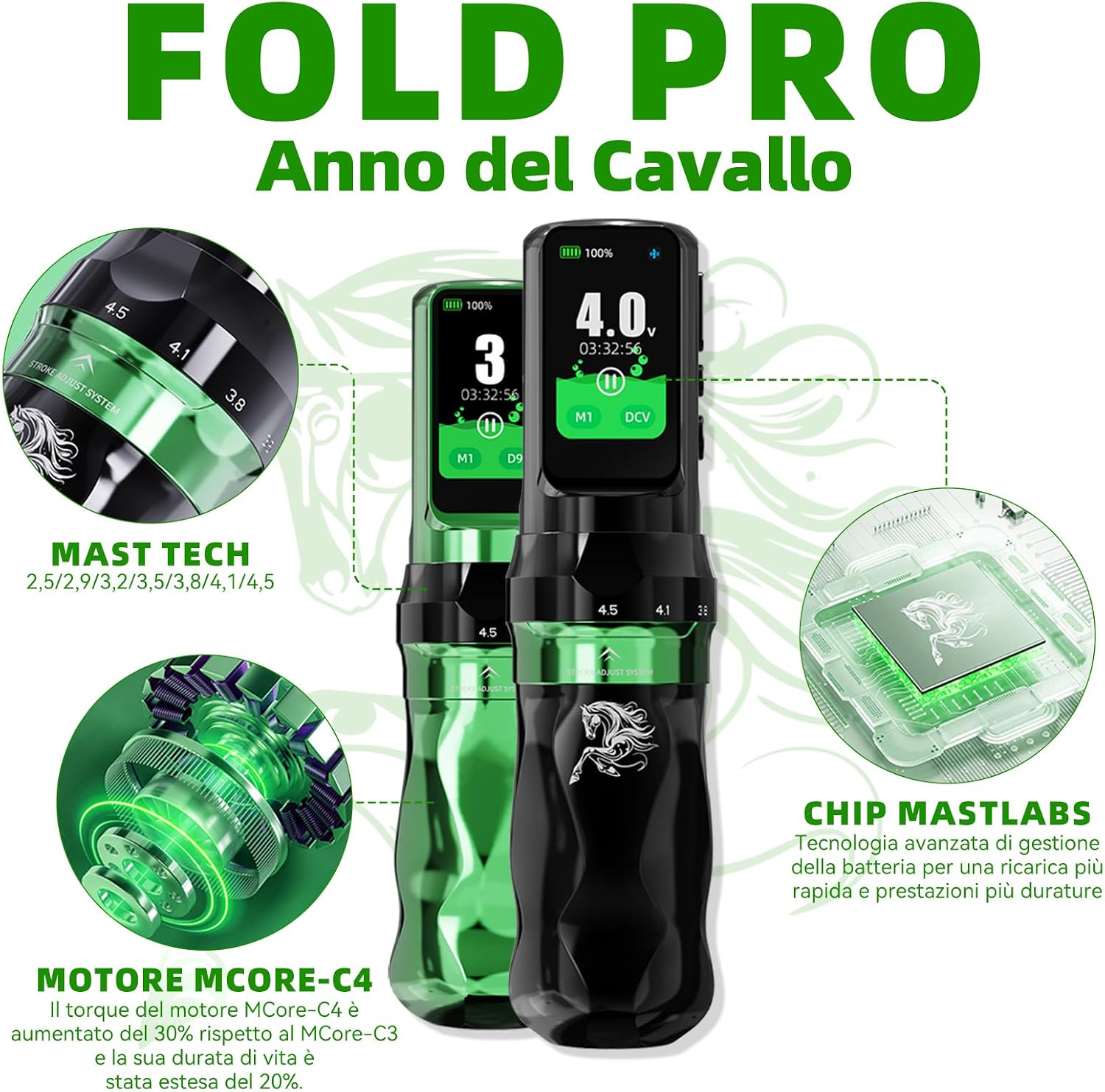 Detalle 2 de Dragonhawk Penna Fold Pro (Year of the Horse Edition) macchina per tatuaggi wireless con corsa regolabile 2,5–4,5 mm