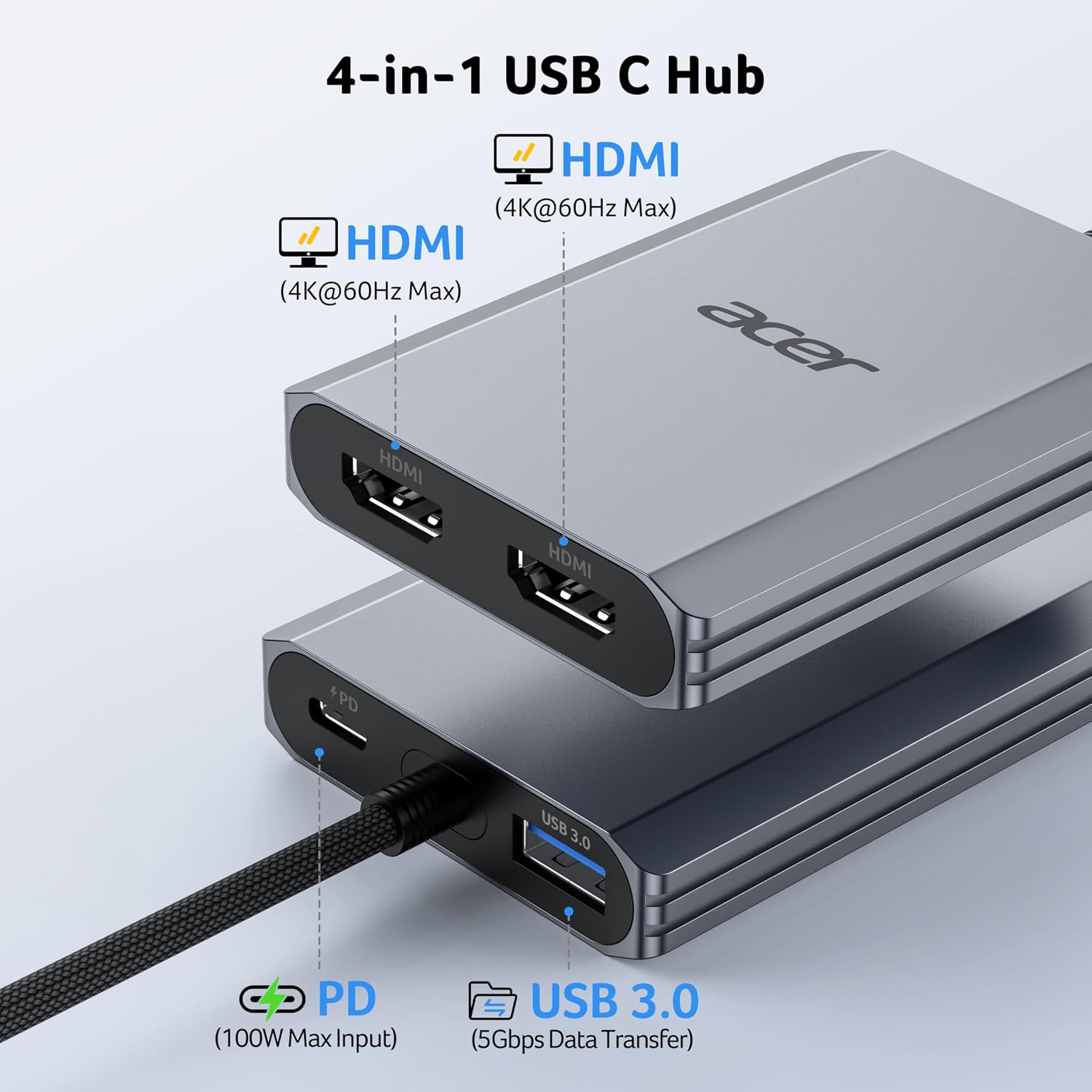 Detalle de Acer ODK540 4-in-1 USB-C Hub with Dual HDMI, 4K@60Hz and 100W PD