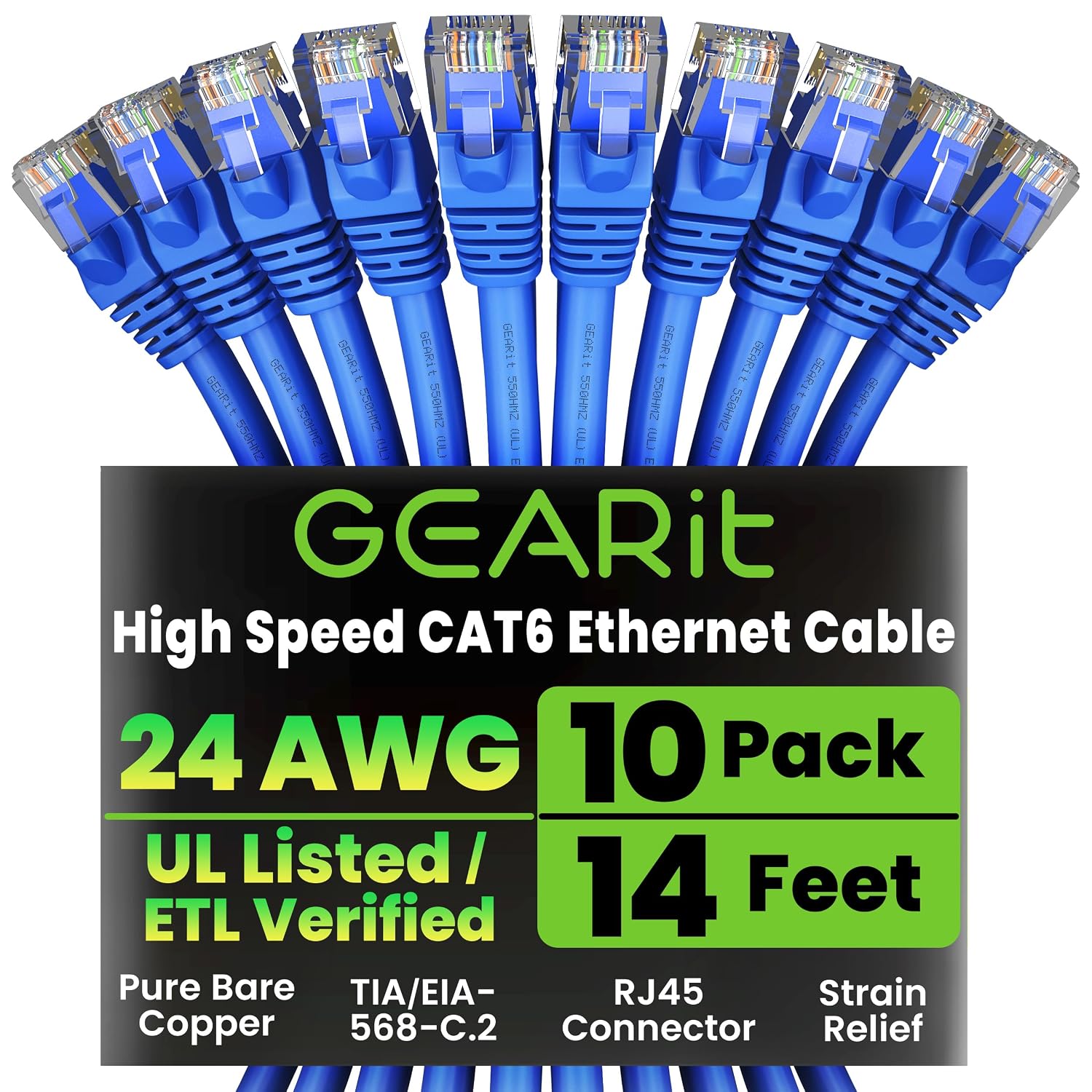 Detalle de GEARit 14CAT6E-BLUE-10PACK Cat 6 Ethernet Cables, 14 ft, 10-Pack
