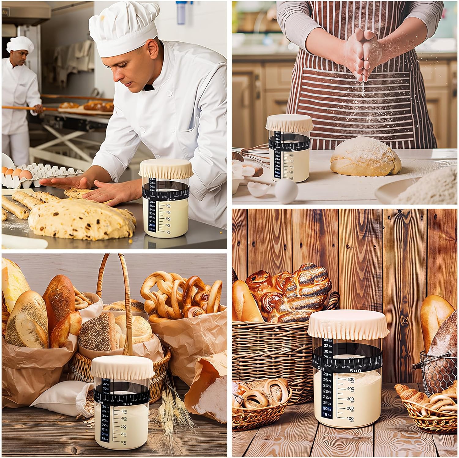 Detalle de 2-Pack 900ml Glass Sourdough Starter Jar Kit with Date Feeding Band, Thermometer & Cloth Cover