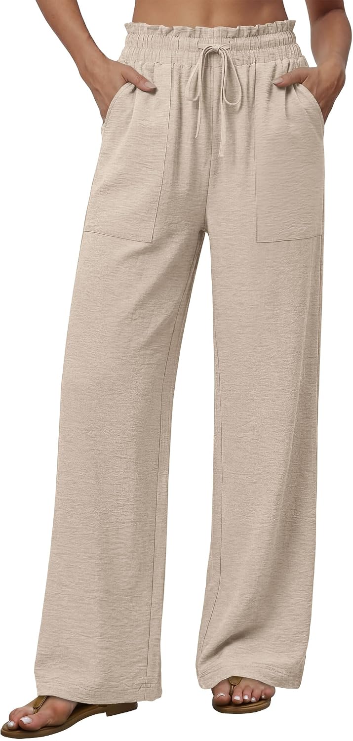 Detalle de WIHOLL Women's Wide Leg Pants with Pockets – Flowy Comfort for Summer to Vacation