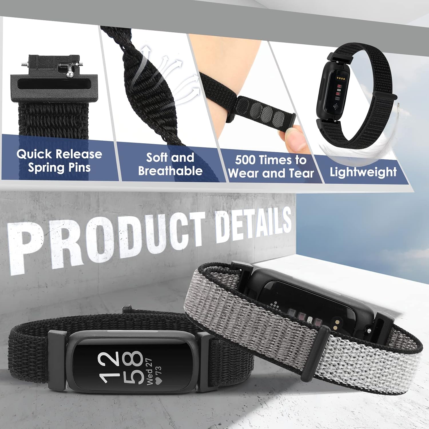 Detalle de Nylon Sport Loop Straps replacement for Fitbit Inspire 3/2, Inspire HR/Inspire and Ace 2/Ace 3