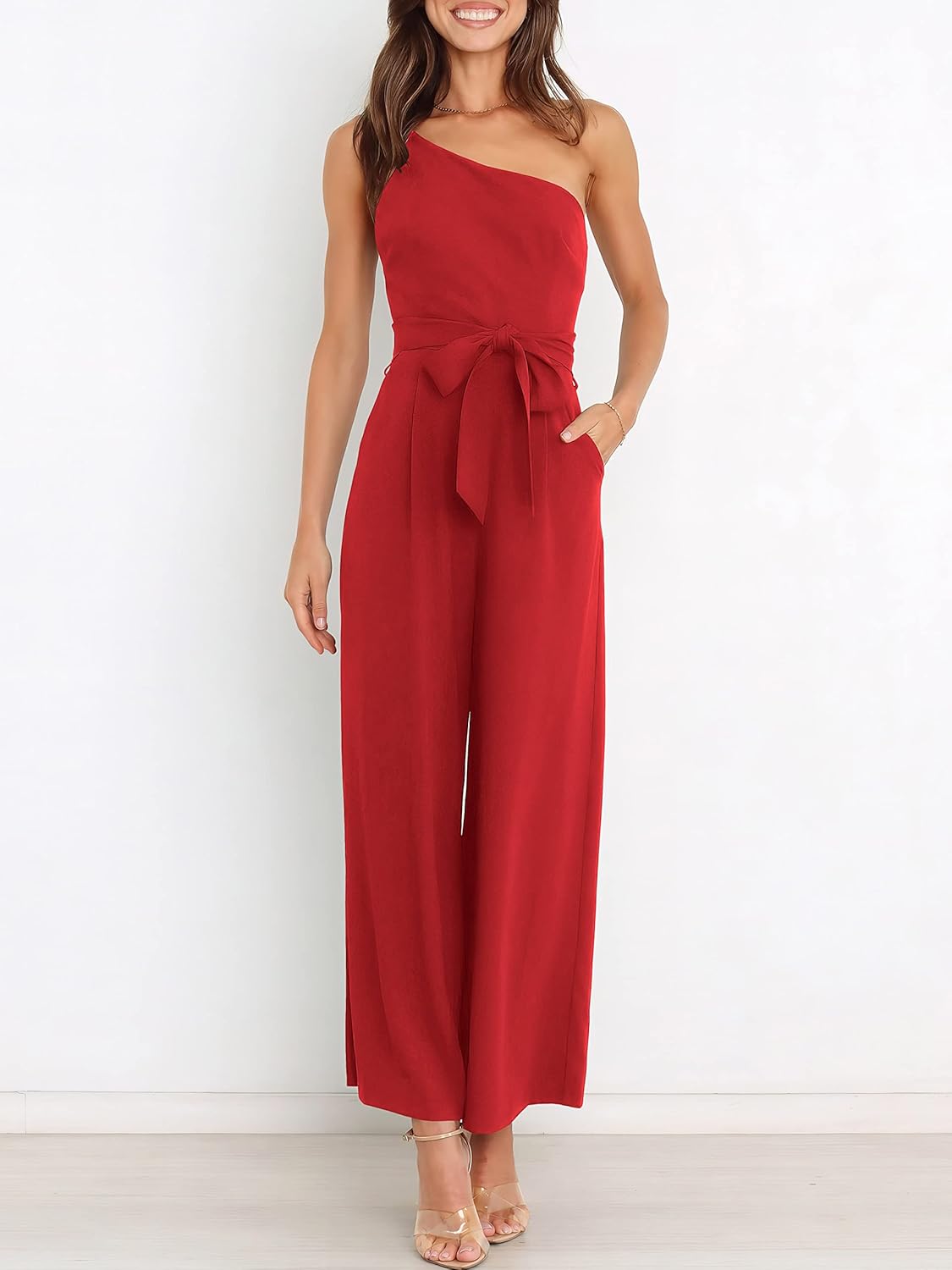 Thumbnail 5 de ANRABESS One-Shoulder Sleeveless Jumpsuit Romper with Tie-Waist & Hidden Pockets (Women’s)